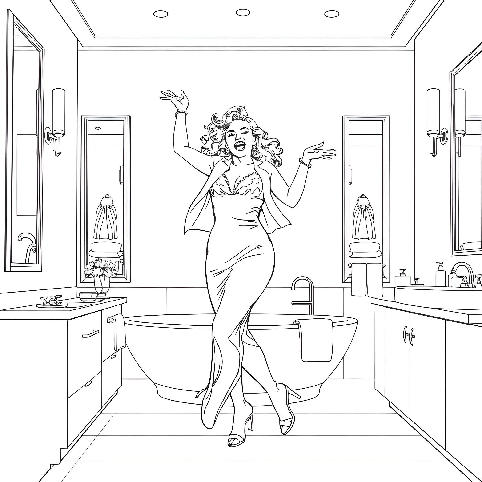 Madonna posing elegantly in a glamorous bathroom setting Coloring Page (free black-and-white line drawing printable PDF for all, from beginners to advanced learners, including children, teens, adults, and seniors)