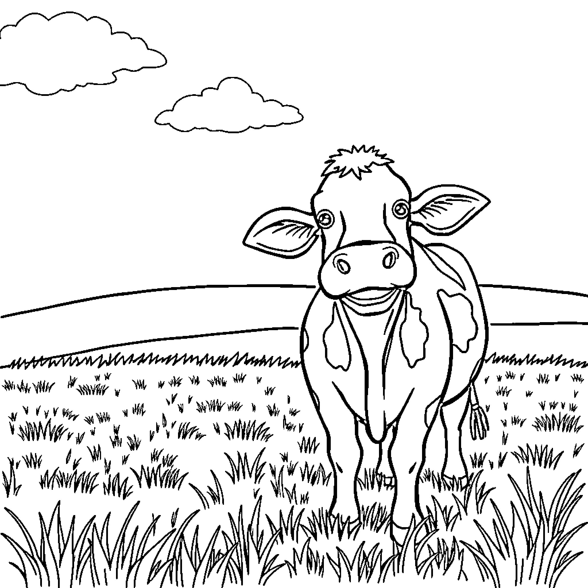 Strawberry Cow grazing happily in a meadow Coloring Page (free black-and-white line drawing printable PDF for all, from beginners to advanced learners, including children, teens, adults, and seniors)