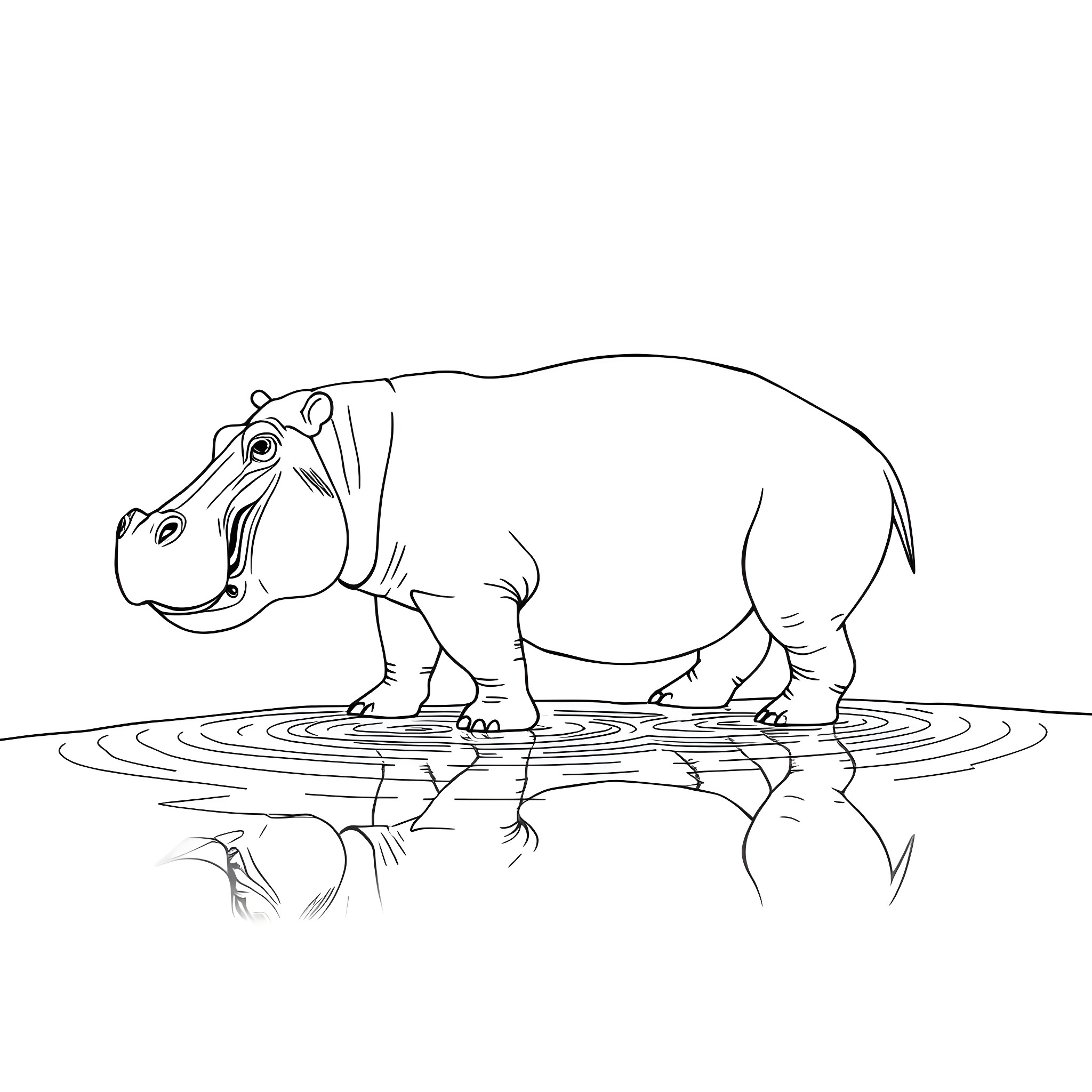 Hippopotamus wading in shallow water Coloring Page (free black-and-white line drawing printable PDF for all, from beginners to advanced learners, including children, teens, adults, and seniors)