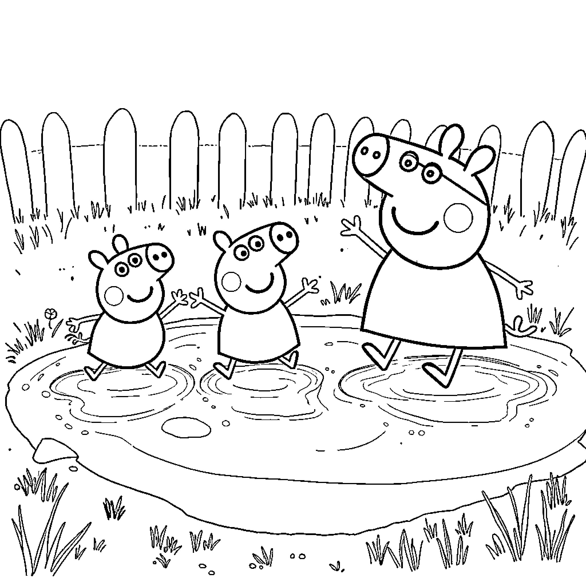 Peppa Pig and friends playing in a puddle Coloring Page (free black-and-white line drawing printable PDF for all, from beginners to advanced learners, including children, teens, adults, and seniors)