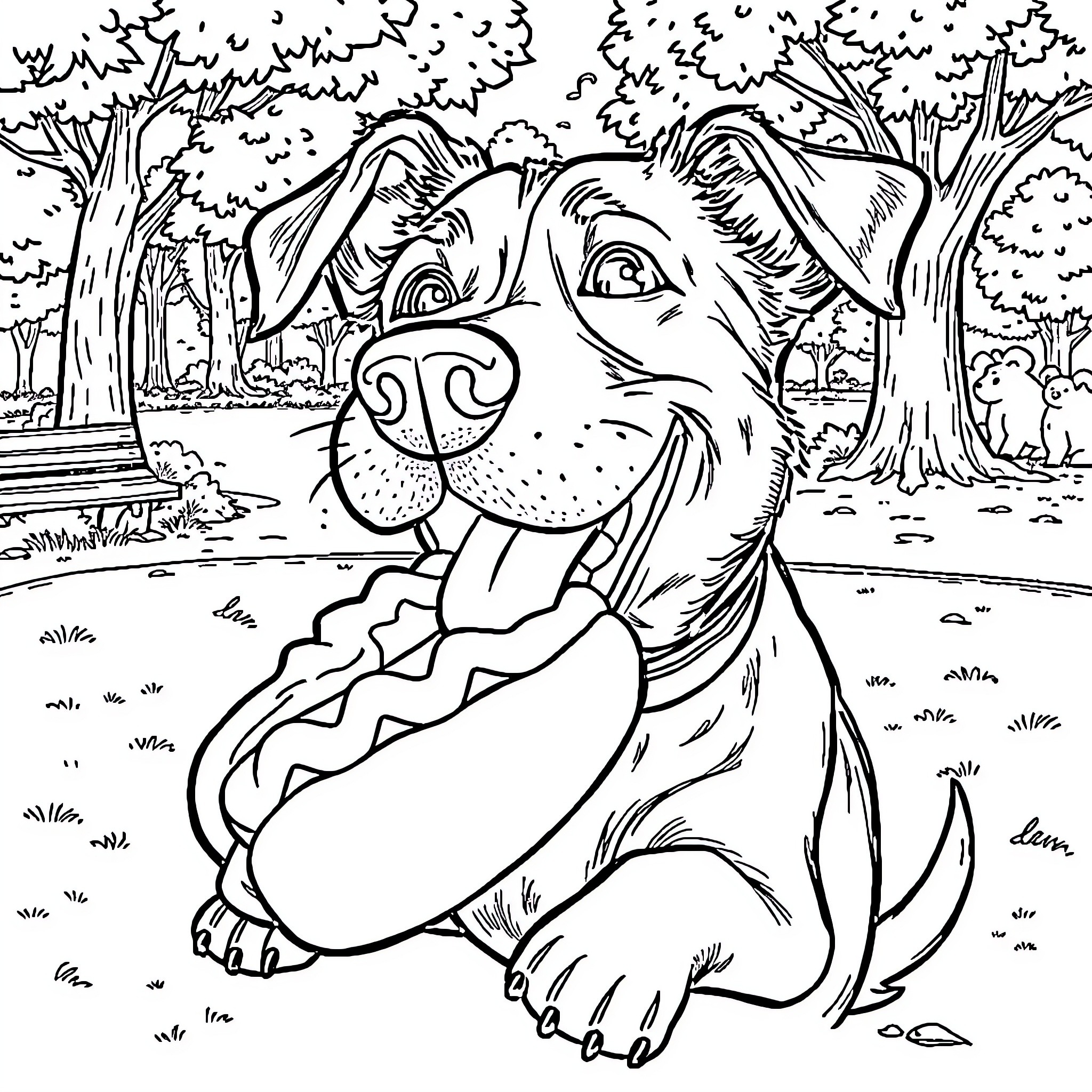 Dog enjoying a hot dog in the forest Coloring Page (free black-and-white line drawing printable PDF for all, from beginners to advanced learners, including children, teens, adults, and seniors)