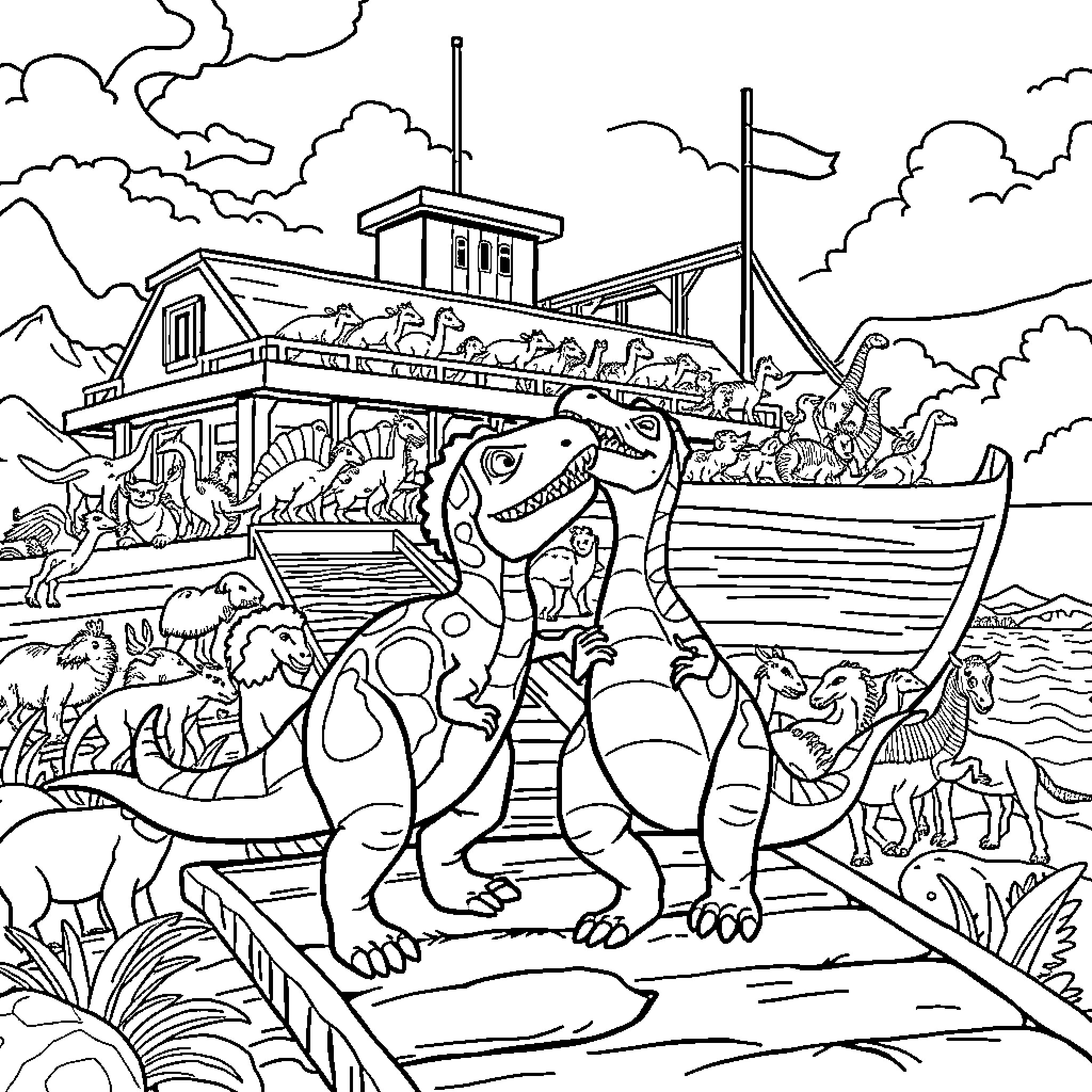 Dinosaur in front of a Noahs Ark-style boat with various animals Coloring Page (free black-and-white line drawing printable PDF for all, from beginners to advanced learners, including children, teens, adults, and seniors)