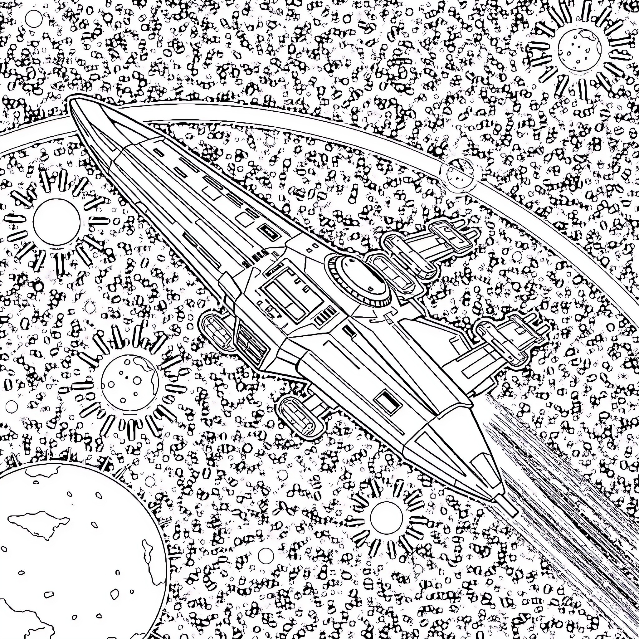 Nave Milenium Falcon navigating through cosmic debris Coloring Page (free black-and-white line drawing printable PDF for all, from beginners to advanced learners, including children, teens, adults, and seniors)