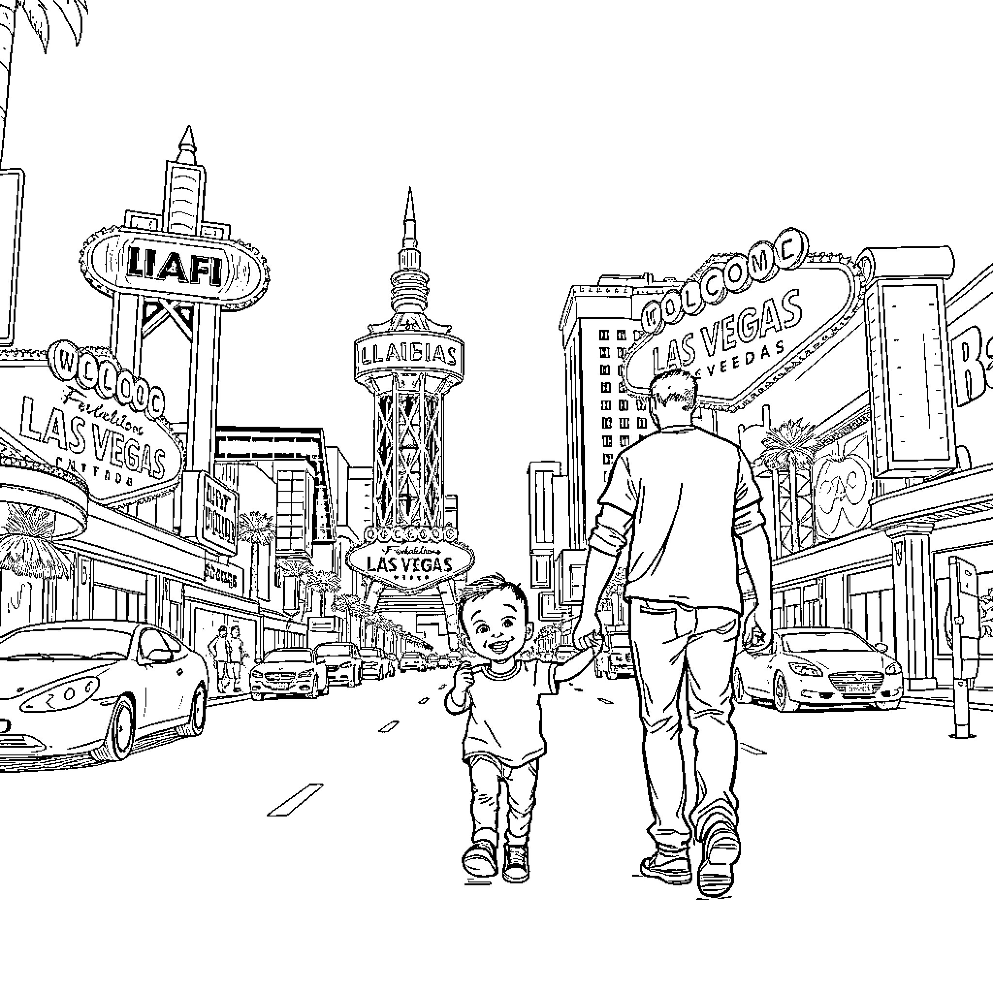 Kid exploring the bustling streets of Las Vegas Coloring Page (free black-and-white line drawing printable PDF for all, from beginners to advanced learners, including children, teens, adults, and seniors)