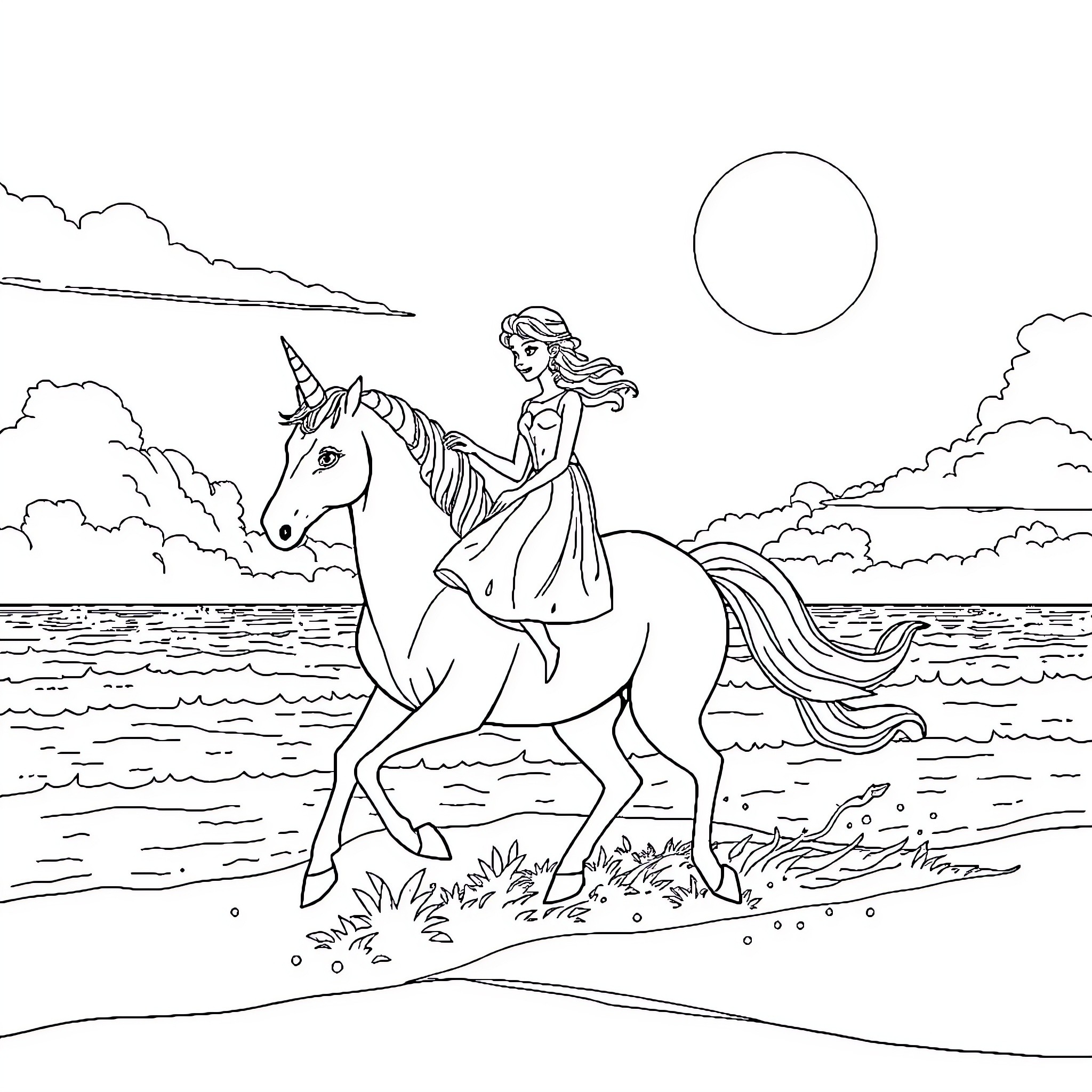 Elsa riding a unicorn by the shore Coloring Page (free black-and-white line drawing printable PDF for all, from beginners to advanced learners, including children, teens, adults, and seniors)