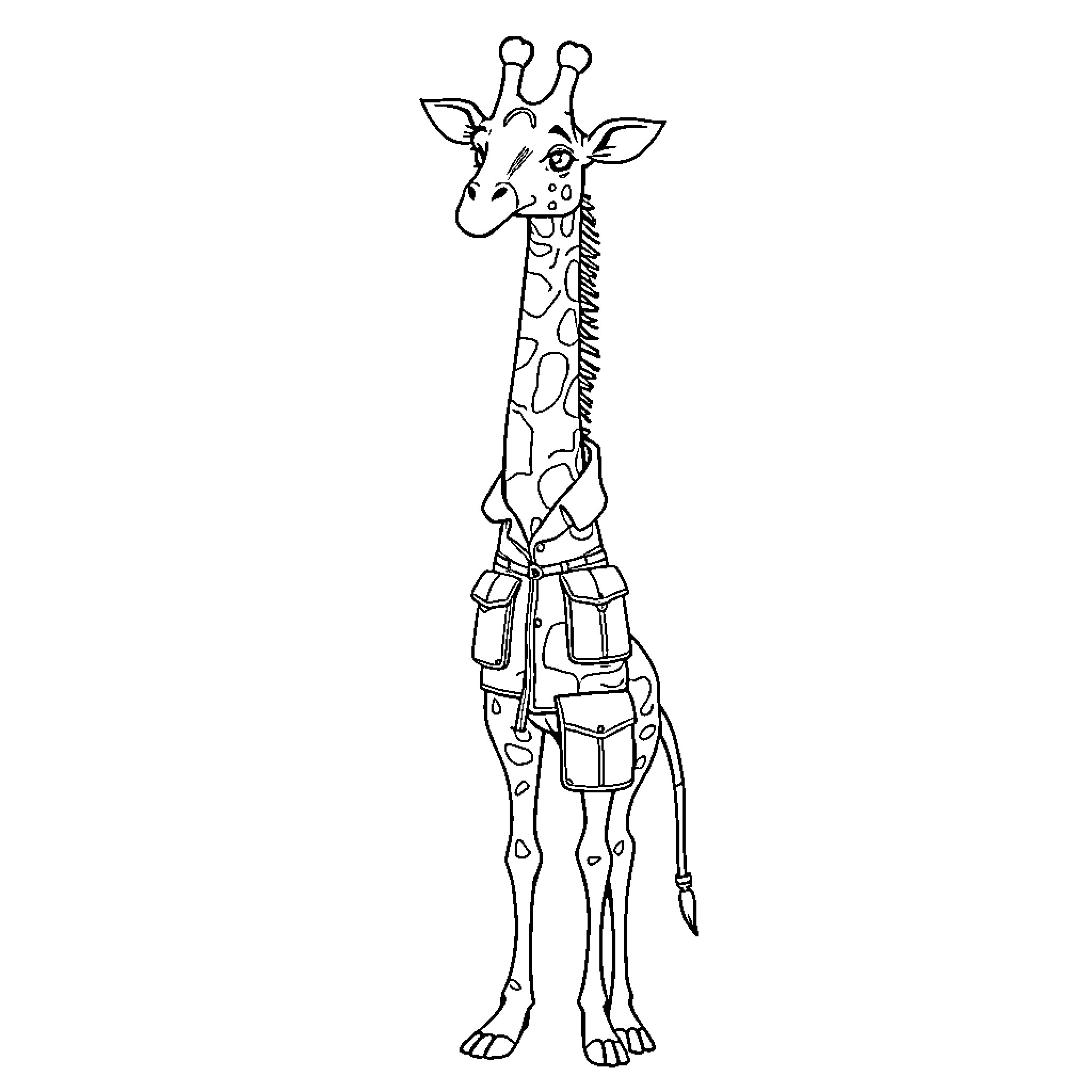 Giraffe wearing a backpack and hiking gear Coloring Page (free black-and-white line drawing printable PDF for all, from beginners to advanced learners, including children, teens, adults, and seniors)