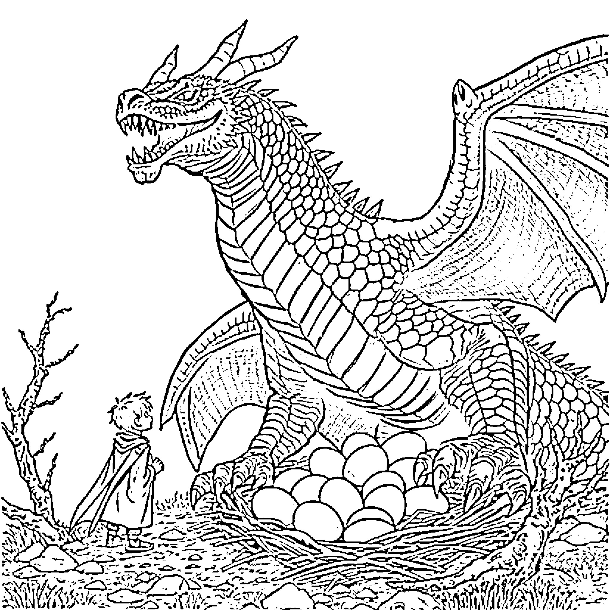 Dragon guarding its nest of eggs in the wilderness Coloring Page (free black-and-white line drawing printable PDF for all, from beginners to advanced learners, including children, teens, adults, and seniors)