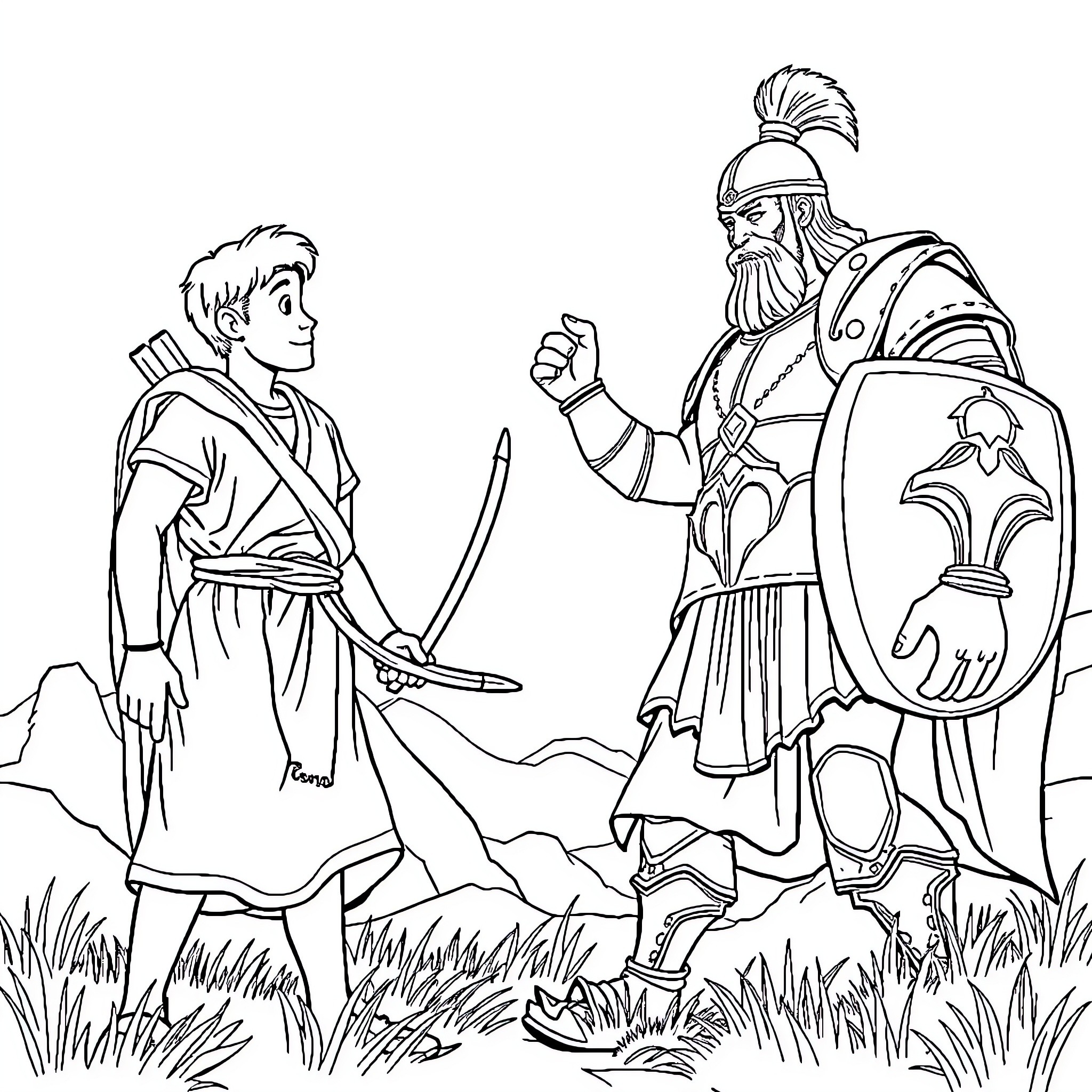 David's encounter with the armored warrior Coloring Page (free black-and-white line drawing printable PDF for all, from beginners to advanced learners, including children, teens, adults, and seniors)
