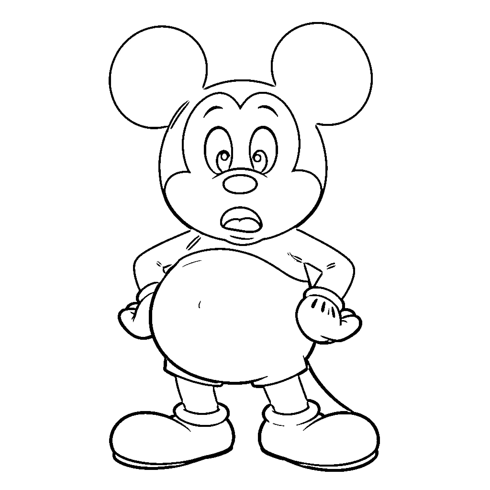 Mickey Mouse with a surprised expression Coloring Page (free black-and-white line drawing printable PDF for all, from beginners to advanced learners, including children, teens, adults, and seniors)