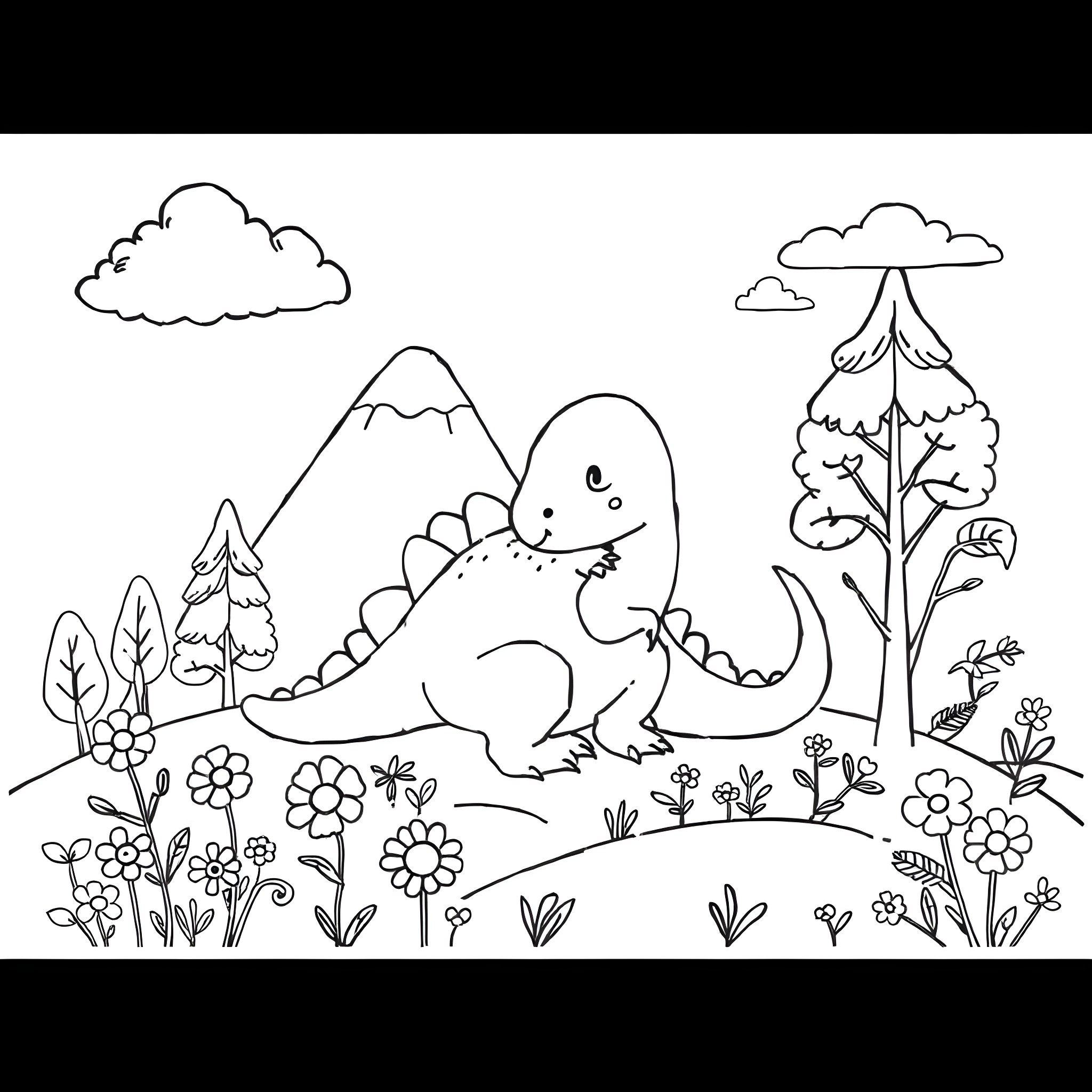 Dinosaur enjoying nature's beauty Coloring Page (free black-and-white line drawing printable PDF for all, from beginners to advanced learners, including children, teens, adults, and seniors)