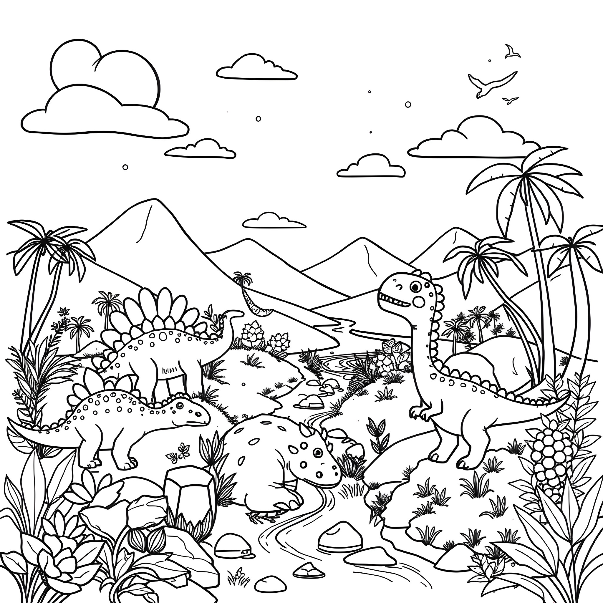 Dinosaurs roaming through prehistoric landscape Coloring Page (free black-and-white line drawing printable PDF for all, from beginners to advanced learners, including children, teens, adults, and seniors)