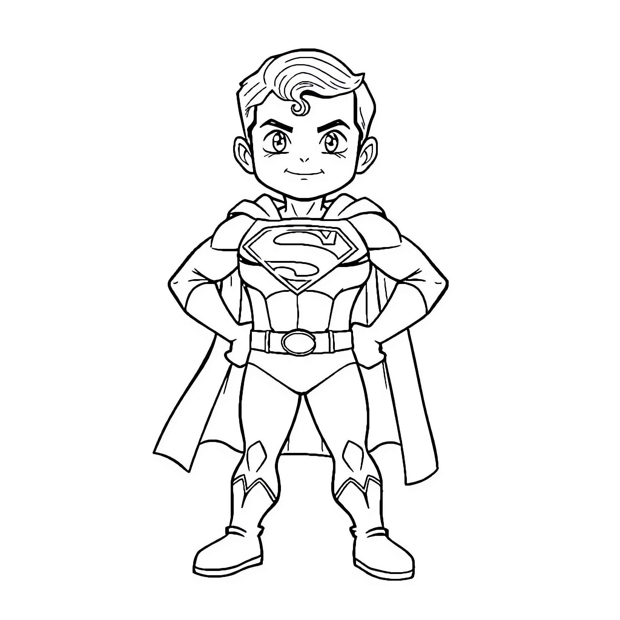 Superman heroically standing with determination Coloring Page (free black-and-white line drawing printable PDF for all, from beginners to advanced learners, including children, teens, adults, and seniors)