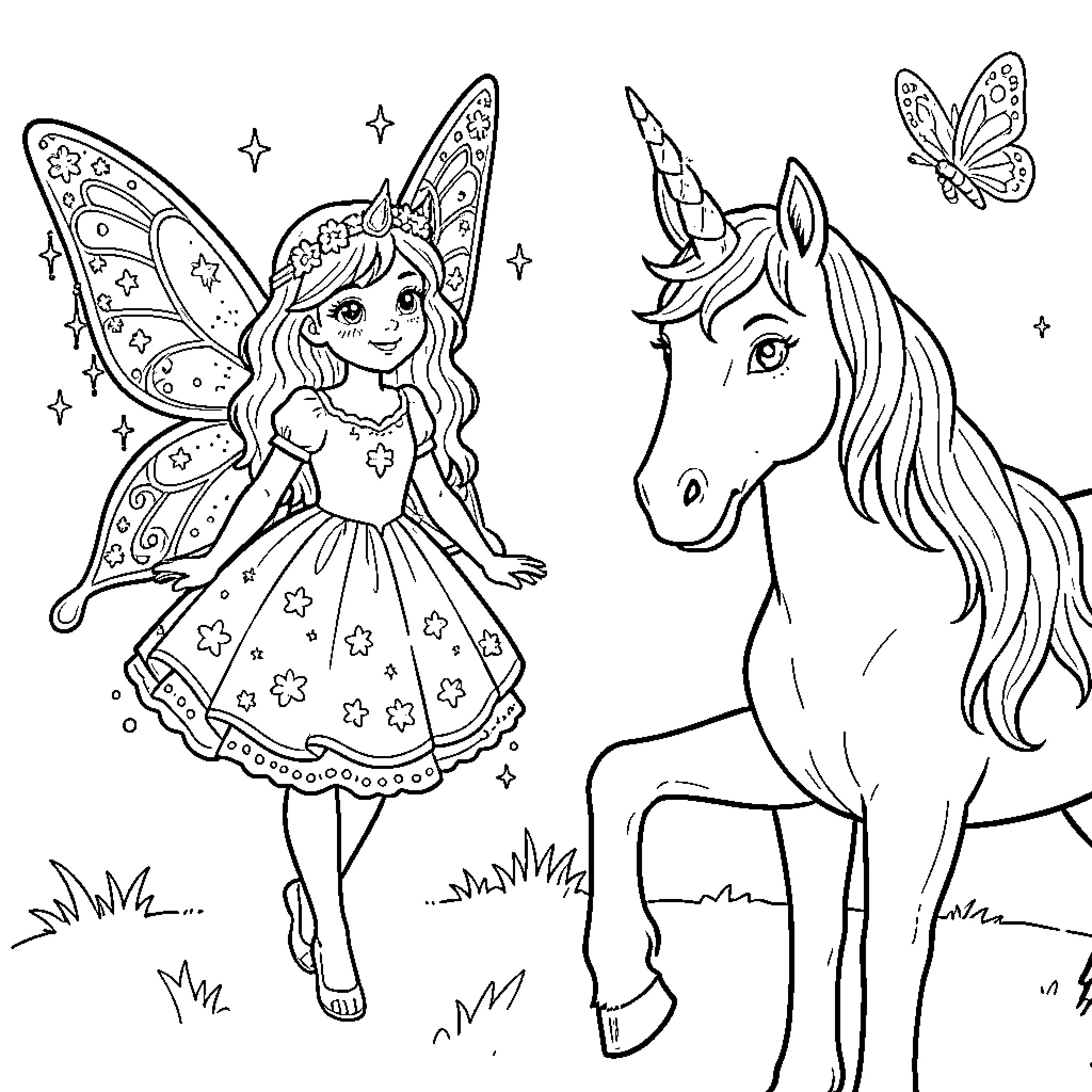 Fairy girl and magical unicorn in a whimsical setting Coloring Page (free black-and-white line drawing printable PDF for all, from beginners to advanced learners, including children, teens, adults, and seniors)
