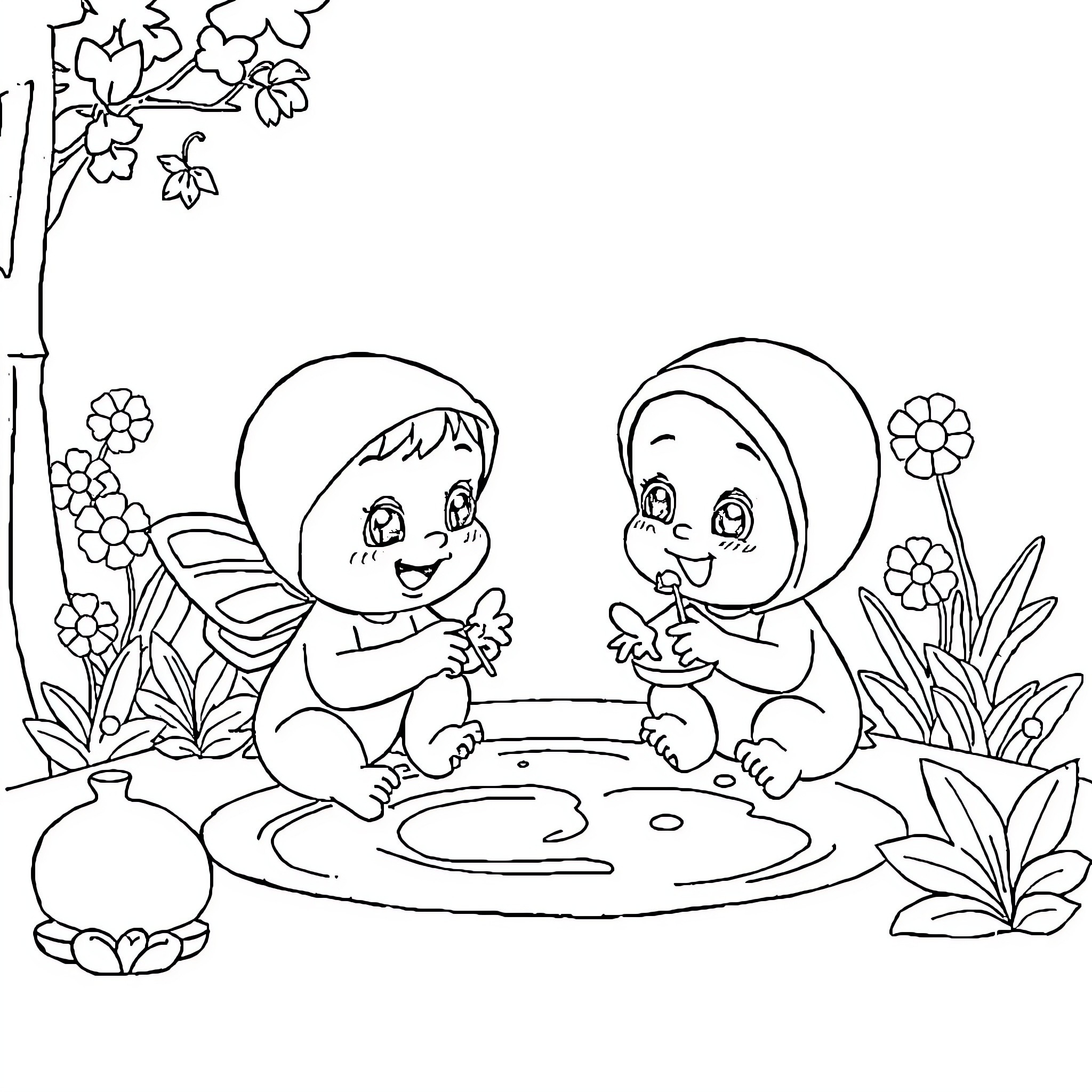 Duck friends enjoying a day outdoors Coloring Page (free black-and-white line drawing printable PDF for all, from beginners to advanced learners, including children, teens, adults, and seniors)