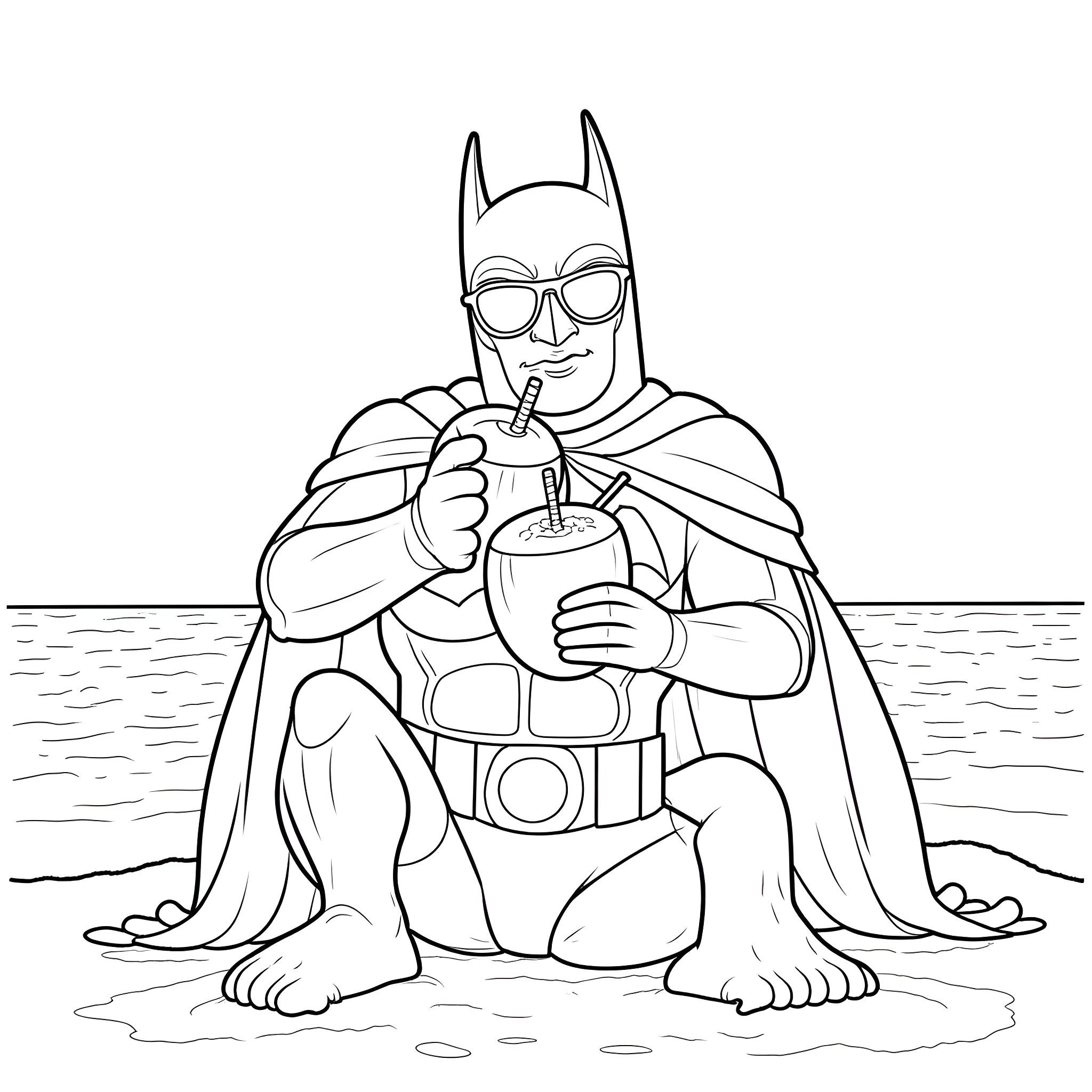 Batman Relaxing and Enjoying a Drink on the Beach Coloring Page (free black-and-white line drawing printable PDF for all, from beginners to advanced learners, including children, teens, adults, and seniors)