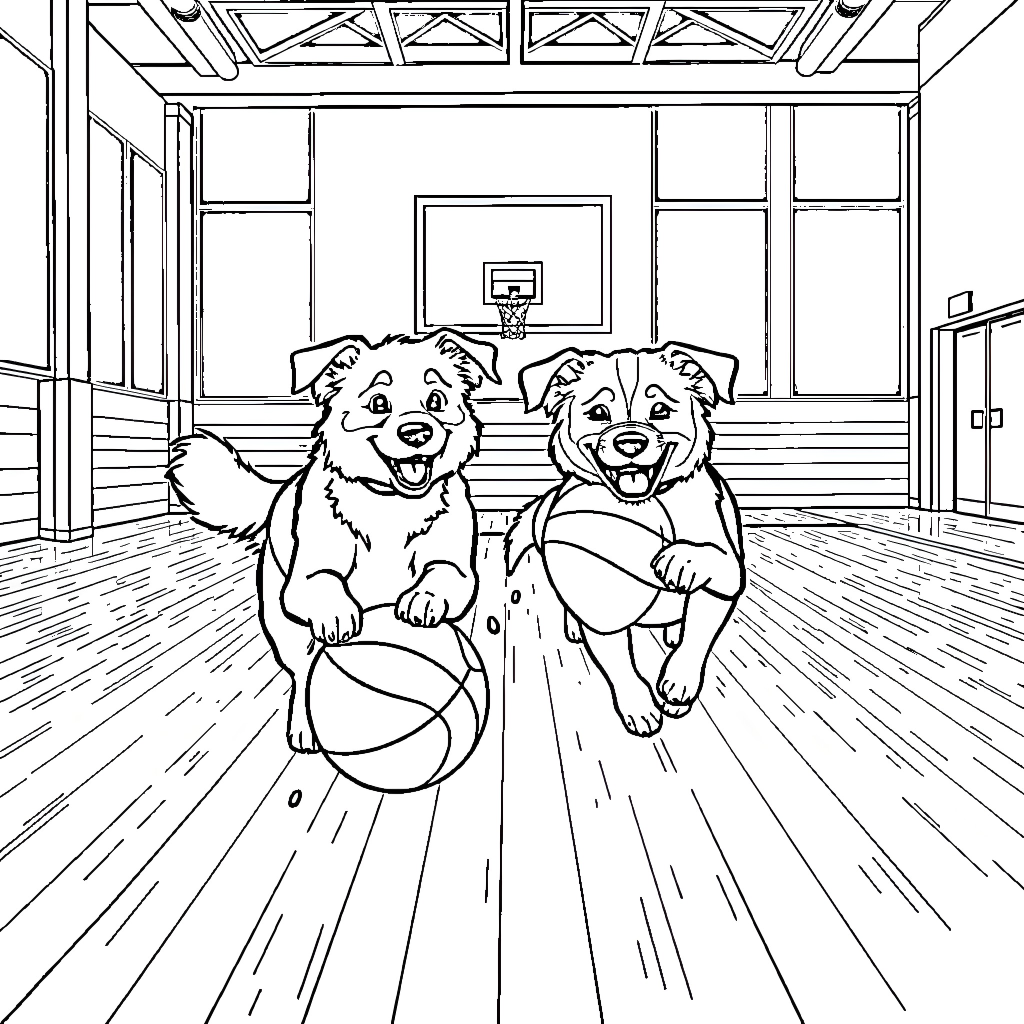Dogs playing with basketball in indoor court Coloring Page (free black-and-white line drawing printable PDF for all, from beginners to advanced learners, including children, teens, adults, and seniors)