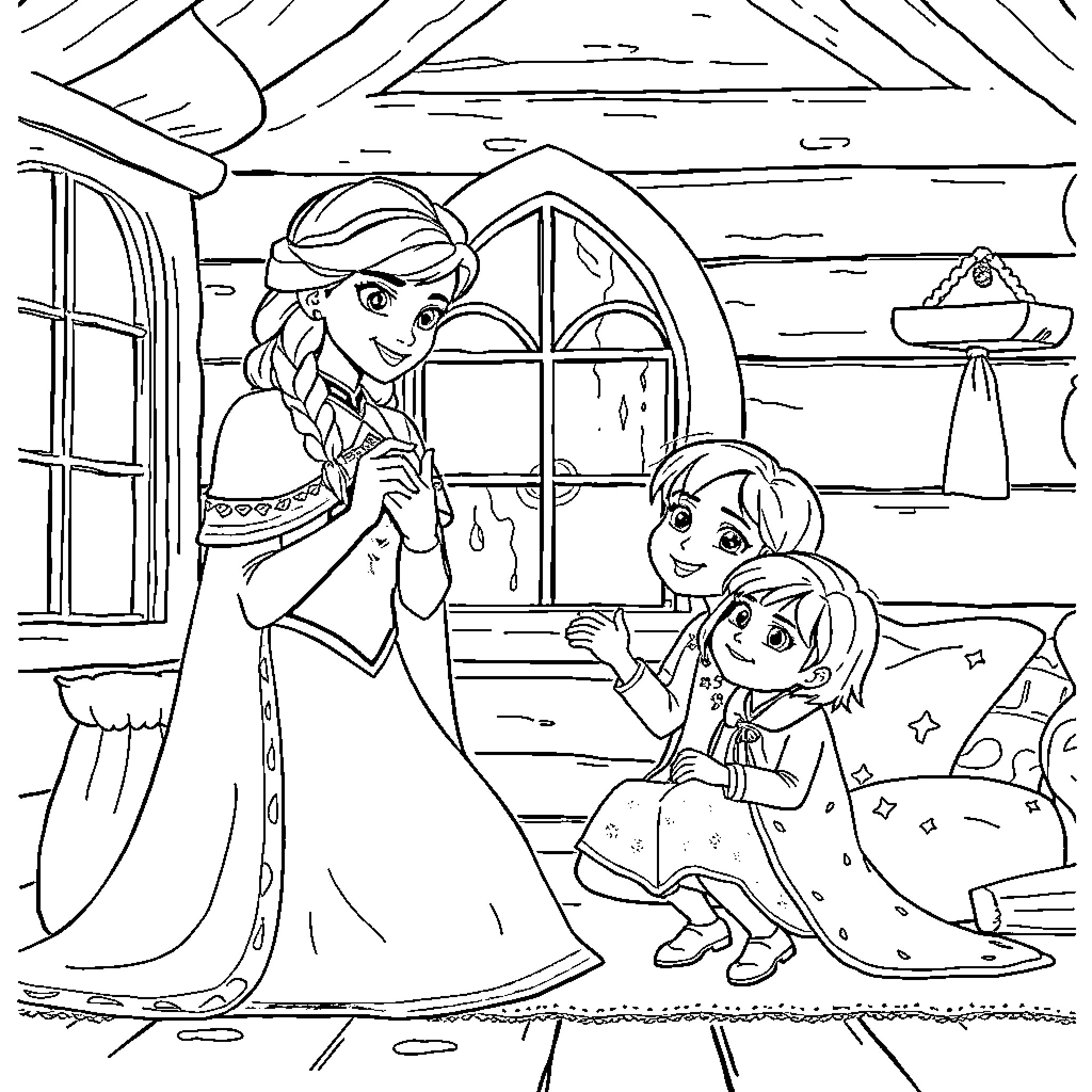 Anna and her sister sharing a moment in the cottage Coloring Page (free black-and-white line drawing printable PDF for all, from beginners to advanced learners, including children, teens, adults, and seniors)
