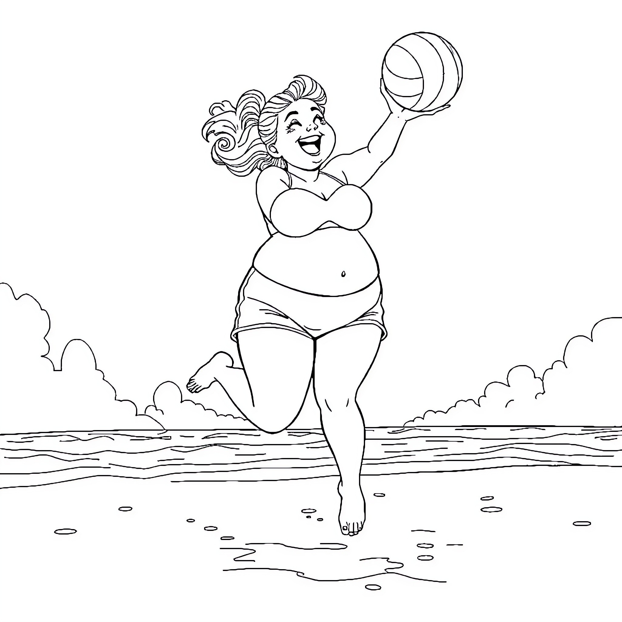 Girl playfully enjoying the beach Coloring Page (free black-and-white line drawing printable PDF for all, from beginners to advanced learners, including children, teens, adults, and seniors)