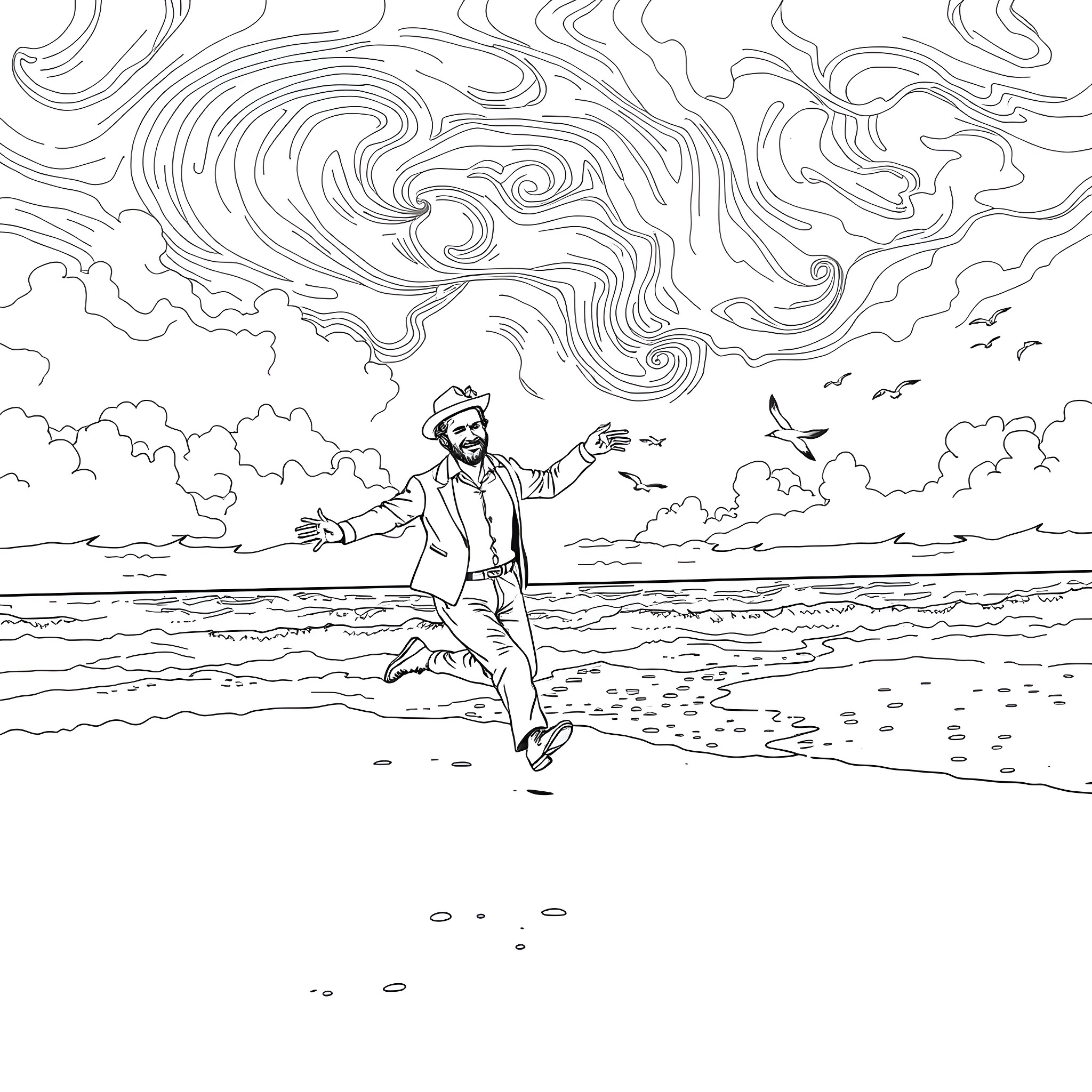 Van Gogh's Whimsical Dance on the Beach Coloring Page (free black-and-white line drawing printable PDF for all, from beginners to advanced learners, including children, teens, adults, and seniors)