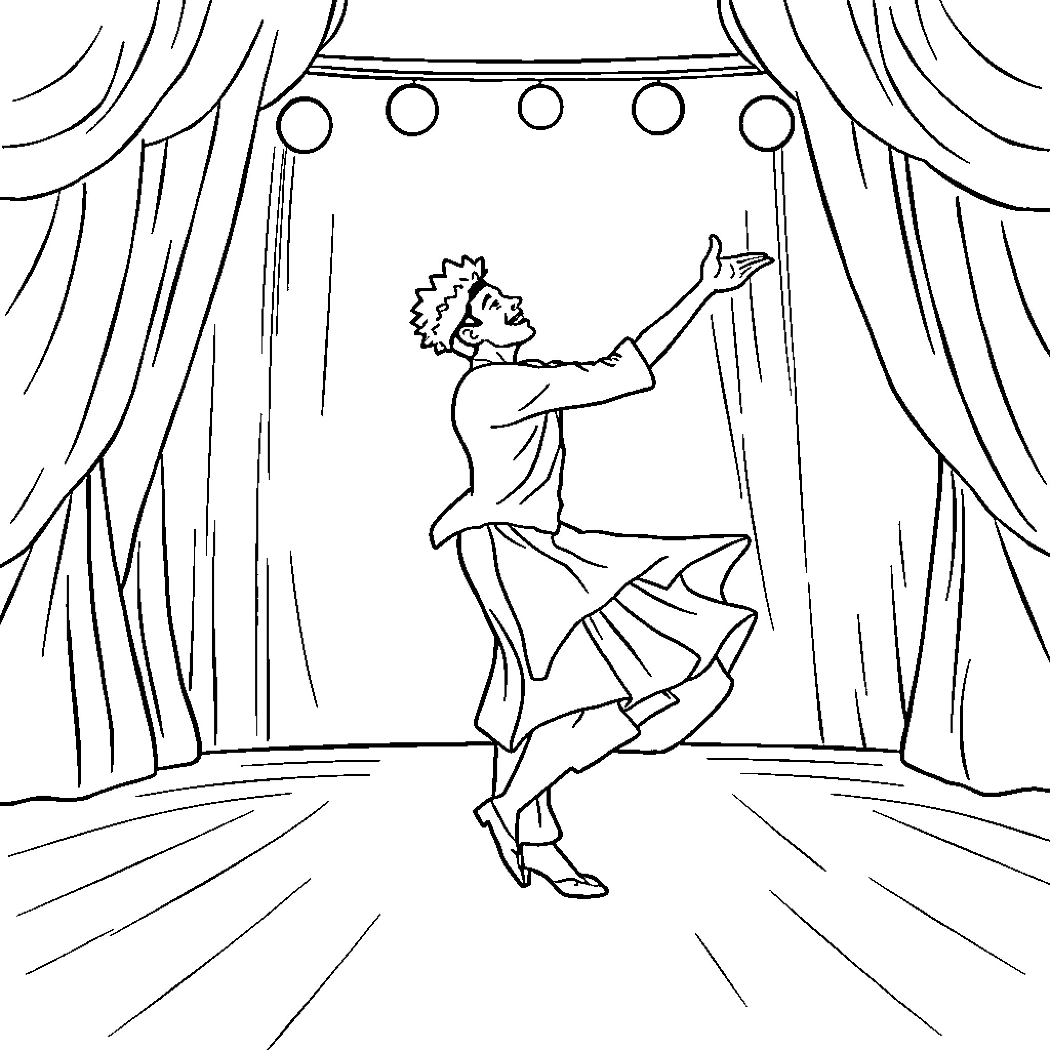 Lamine Yamal performing joyful dance on stage Coloring Page (free black-and-white line drawing printable PDF for all, from beginners to advanced learners, including children, teens, adults, and seniors)