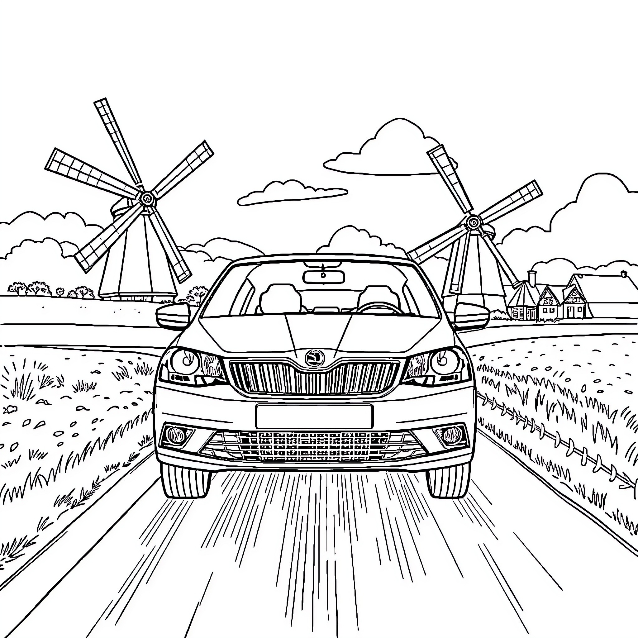 Car driving through picturesque countryside with windmills Coloring Page (free black-and-white line drawing printable PDF for all, from beginners to advanced learners, including children, teens, adults, and seniors)