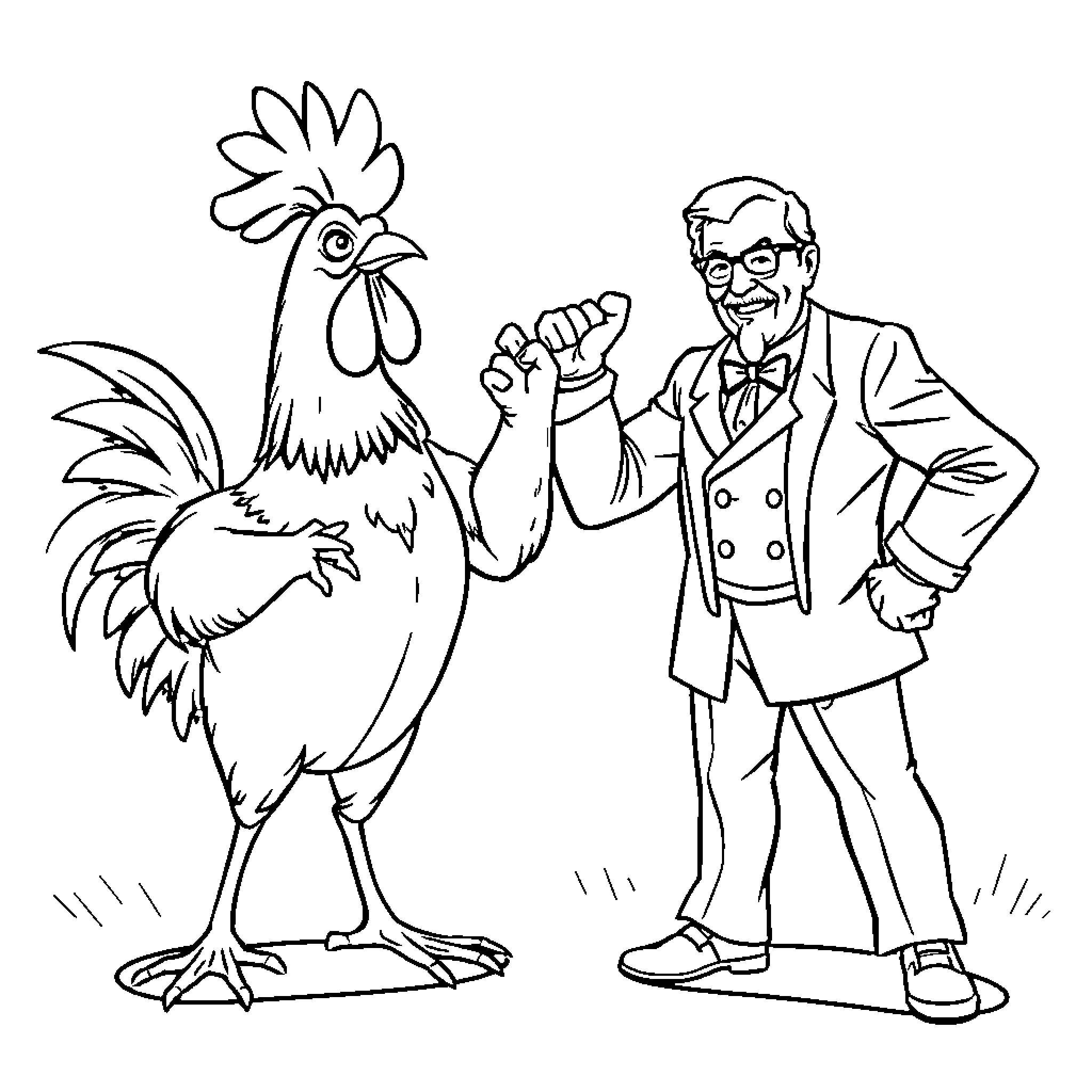 Chicken and Gentleman Shaking Hands Coloring Page (free black-and-white line drawing printable PDF for all, from beginners to advanced learners, including children, teens, adults, and seniors)
