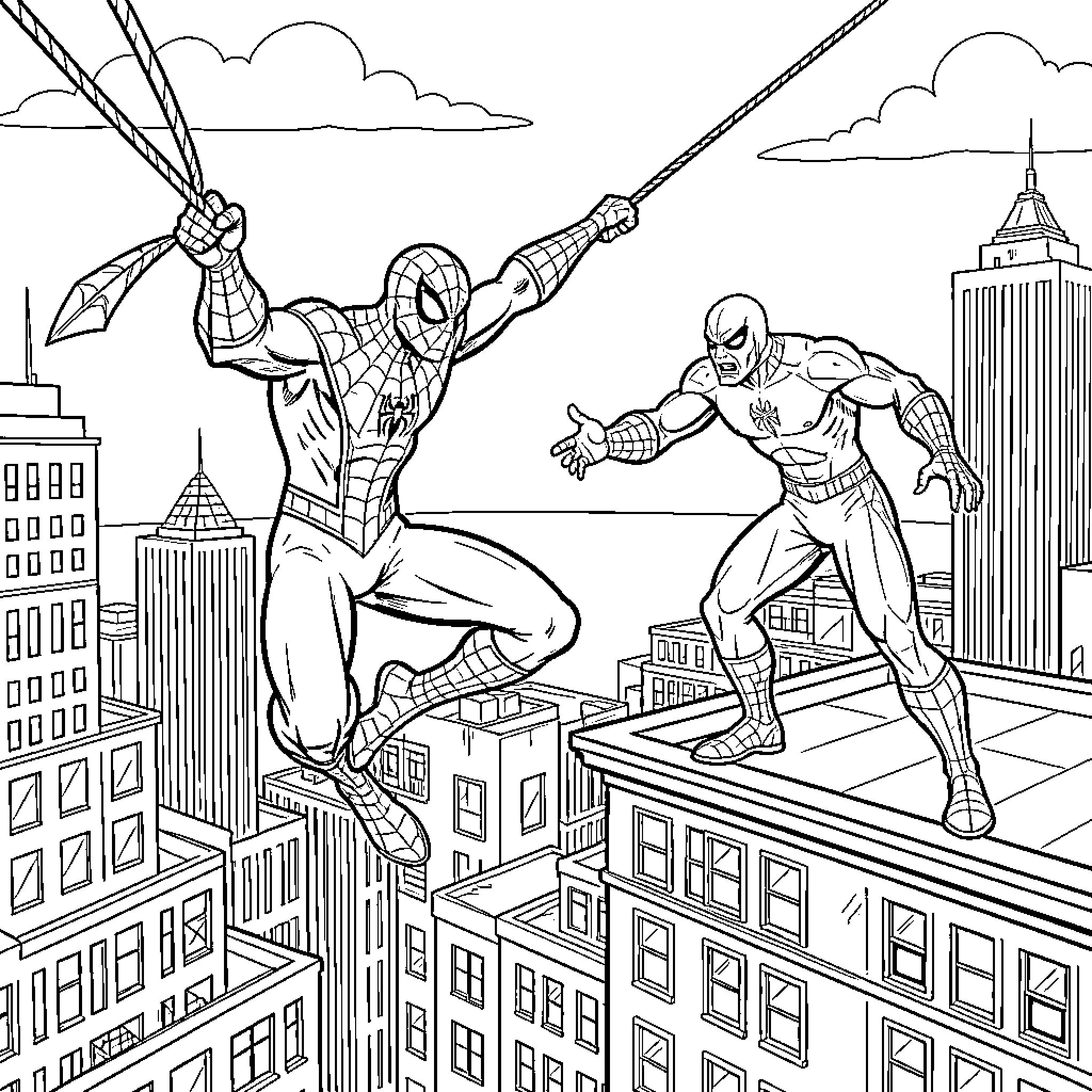 Spiderman swinging through the city buildings Coloring Page (free black-and-white line drawing printable PDF for all, from beginners to advanced learners, including children, teens, adults, and seniors)