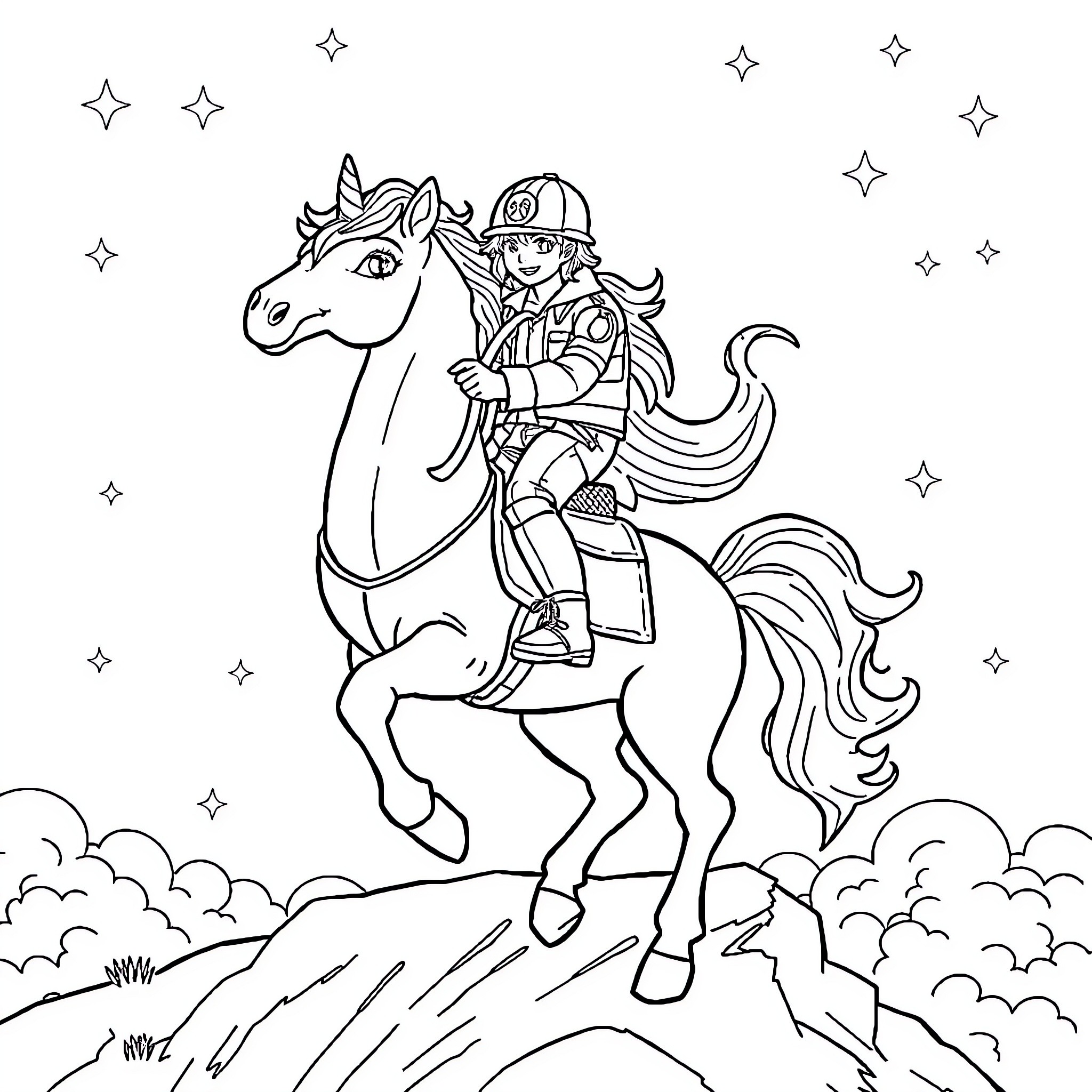 Unicorn adventure with brave young rider Coloring Page (free black-and-white line drawing printable PDF for all, from beginners to advanced learners, including children, teens, adults, and seniors)