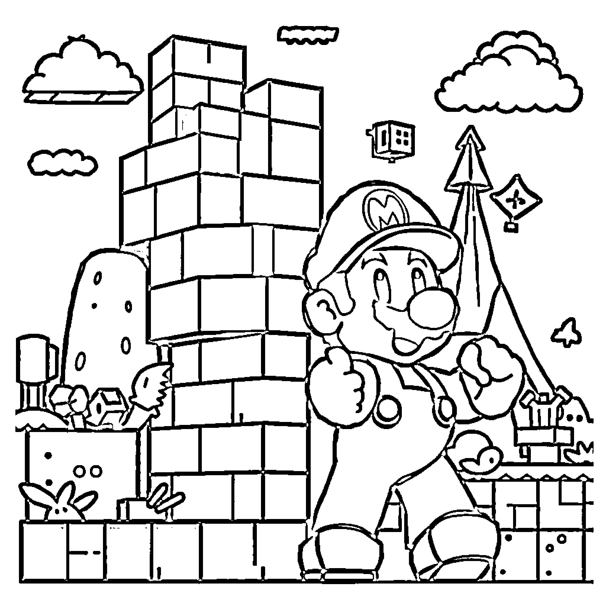 Minecraft character exploring a blocky cityscape Coloring Page (free black-and-white line drawing printable PDF for all, from beginners to advanced learners, including children, teens, adults, and seniors)