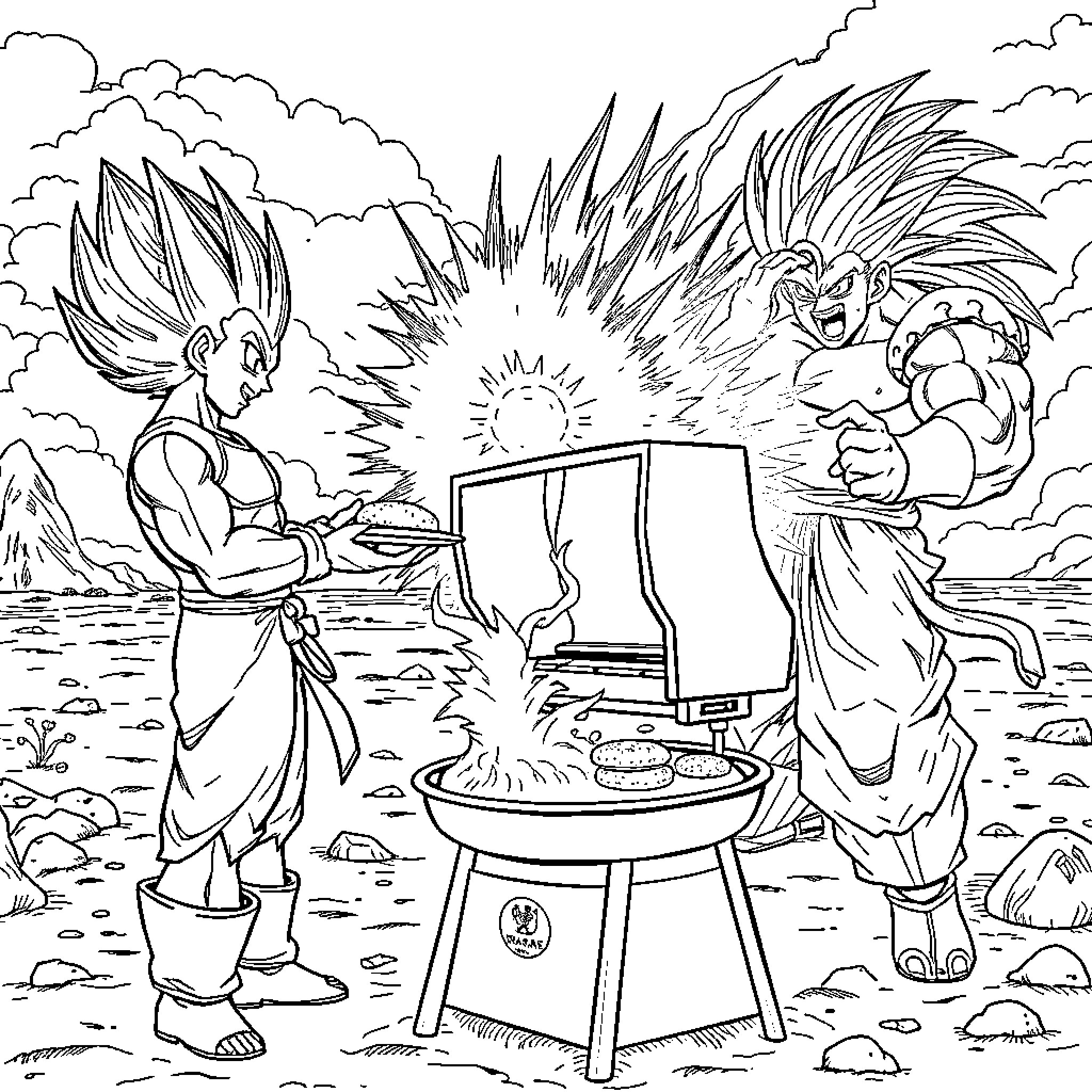 Vegeta Grilling with Superpowered Friends Coloring Page (free black-and-white line drawing printable PDF for all, from beginners to advanced learners, including children, teens, adults, and seniors)