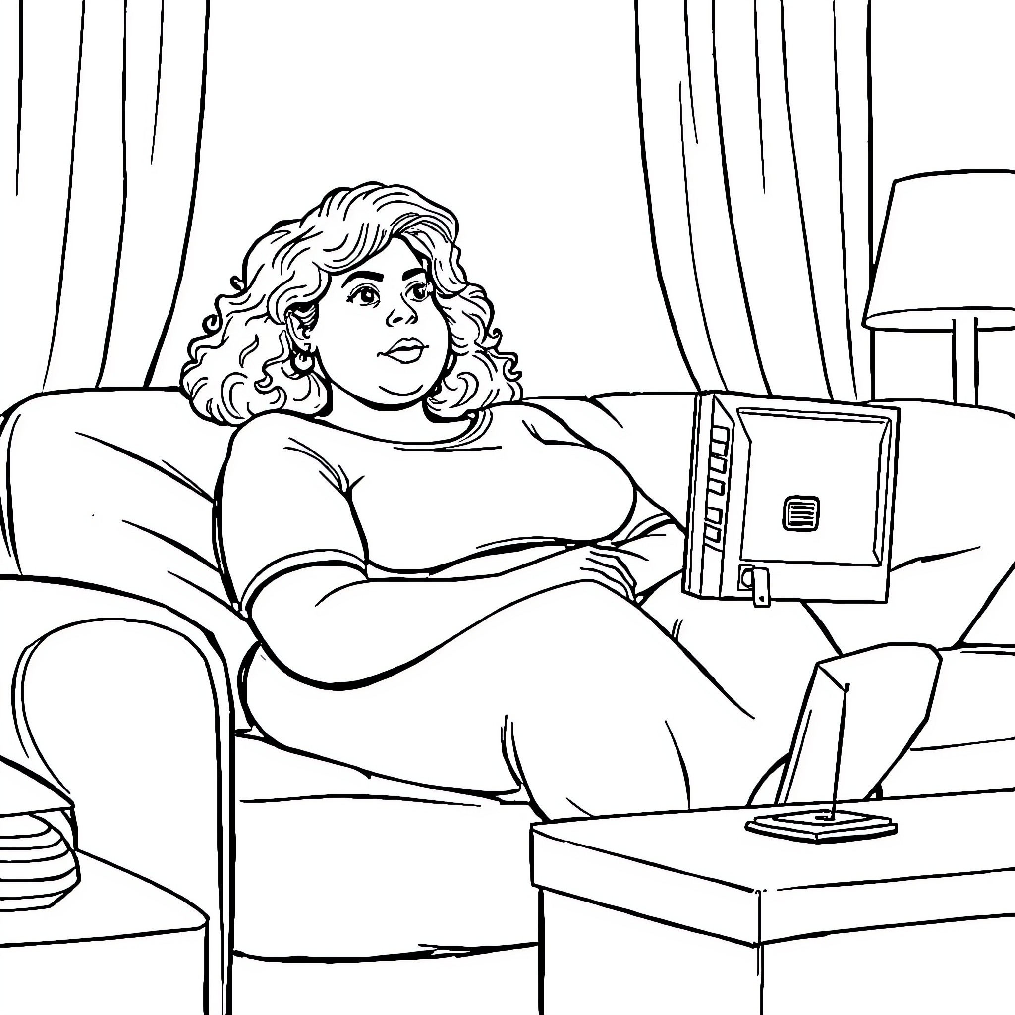 Woman relaxing with laptop on sofa Coloring Page (free black-and-white line drawing printable PDF for all, from beginners to advanced learners, including children, teens, adults, and seniors)