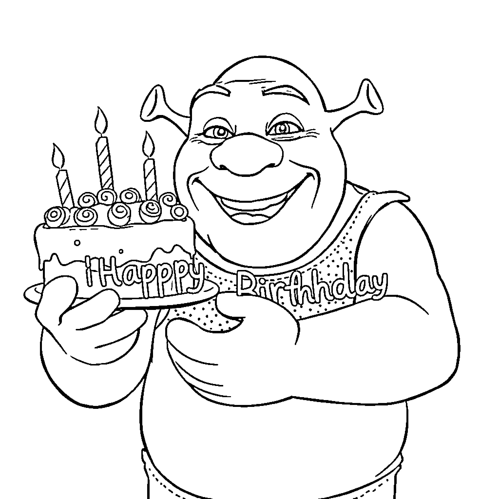 Shrek celebrating a happy birthday with cake Coloring Page (free black-and-white line drawing printable PDF for all, from beginners to advanced learners, including children, teens, adults, and seniors)
