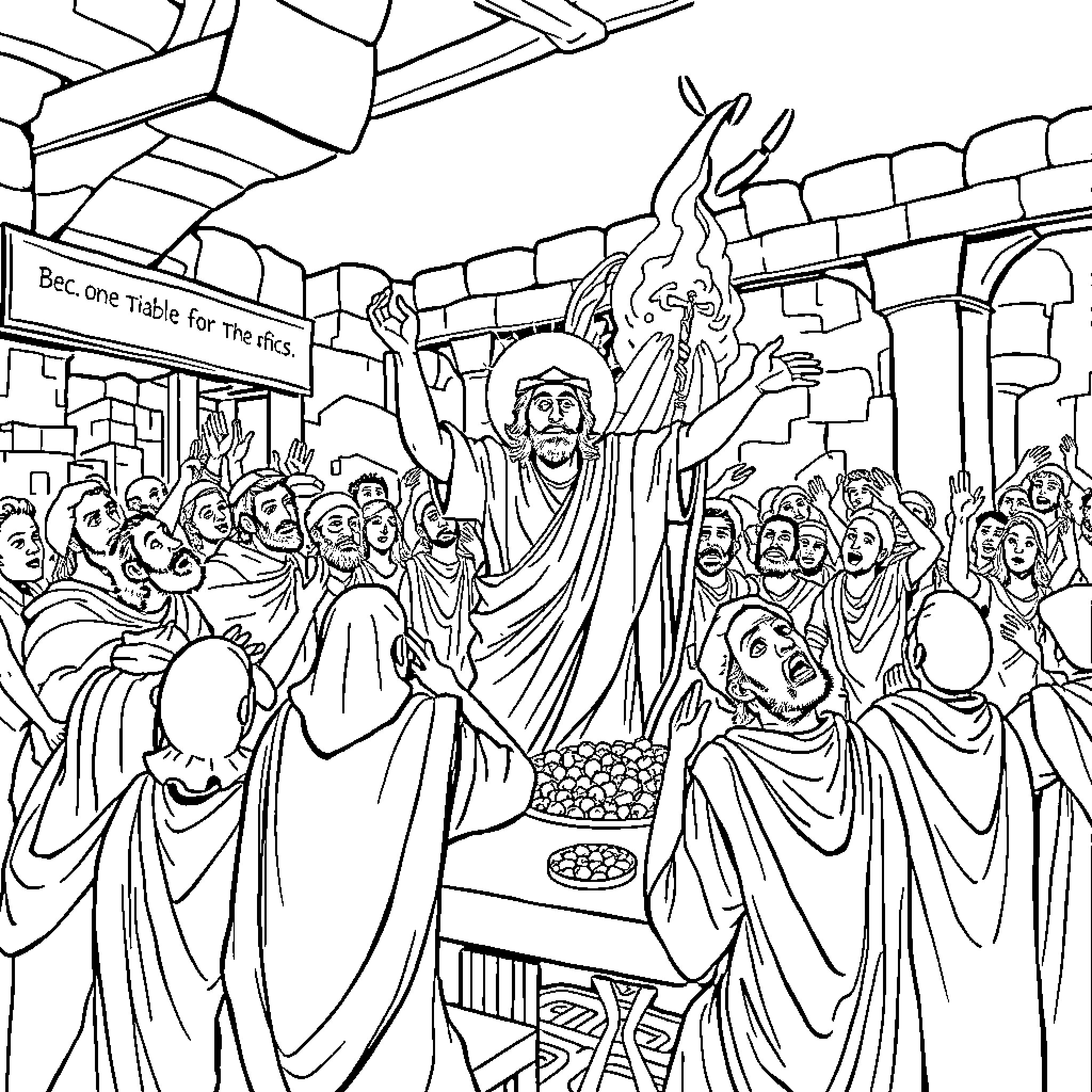 Christ Preaching to the Crowd in the Temple Coloring Page (free black-and-white line drawing printable PDF for all, from beginners to advanced learners, including children, teens, adults, and seniors)
