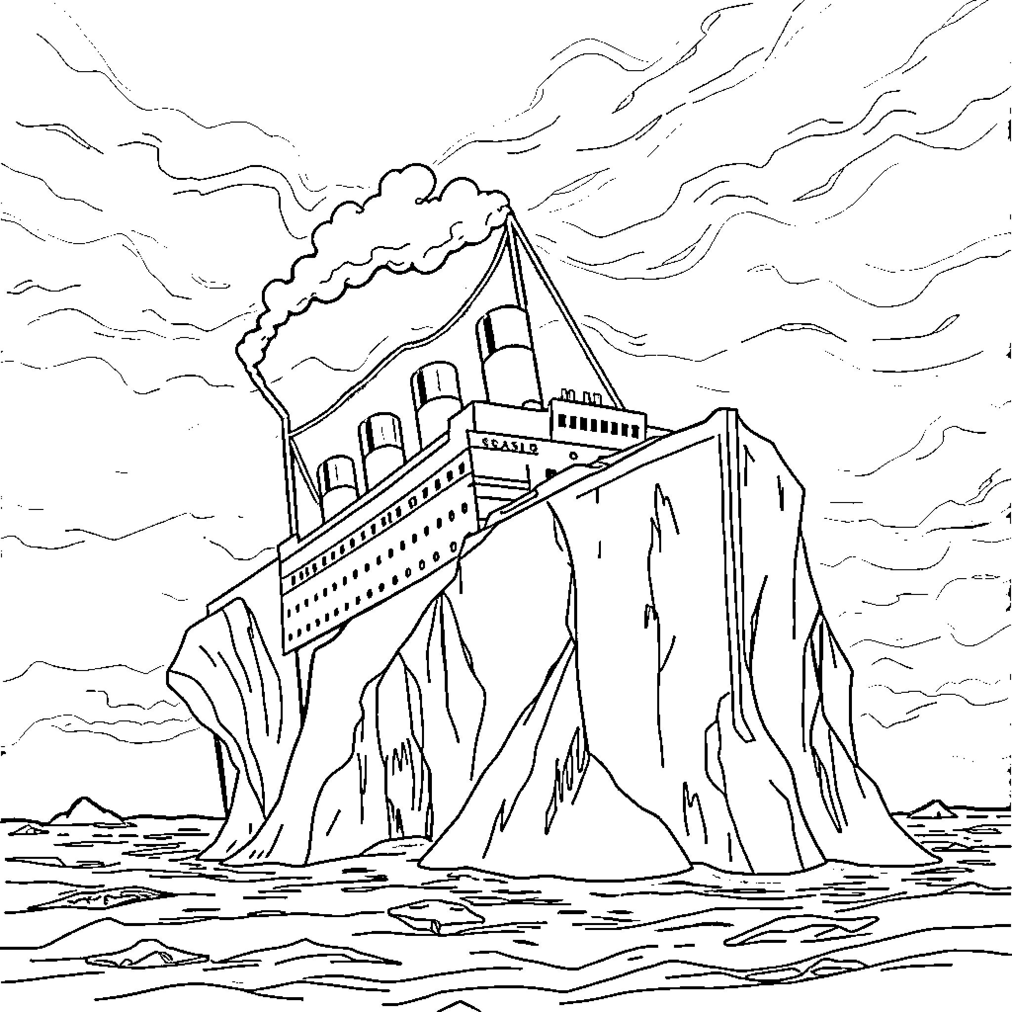 Titanic ship sinking in a stormy sea Coloring Page (free black-and-white line drawing printable PDF for all, from beginners to advanced learners, including children, teens, adults, and seniors)