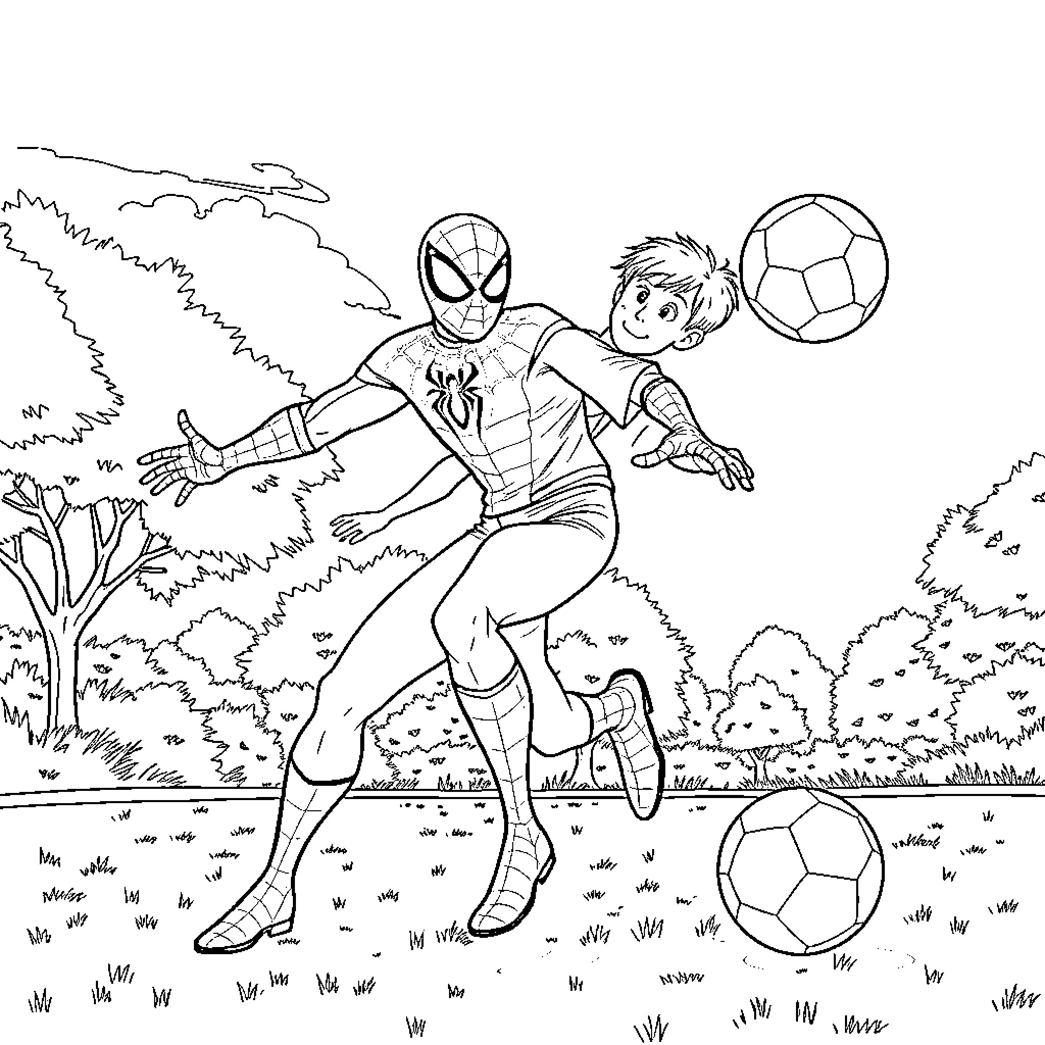 Spiderman playing with soccer ball in the park Coloring Page (free black-and-white line drawing printable PDF for all, from beginners to advanced learners, including children, teens, adults, and seniors)