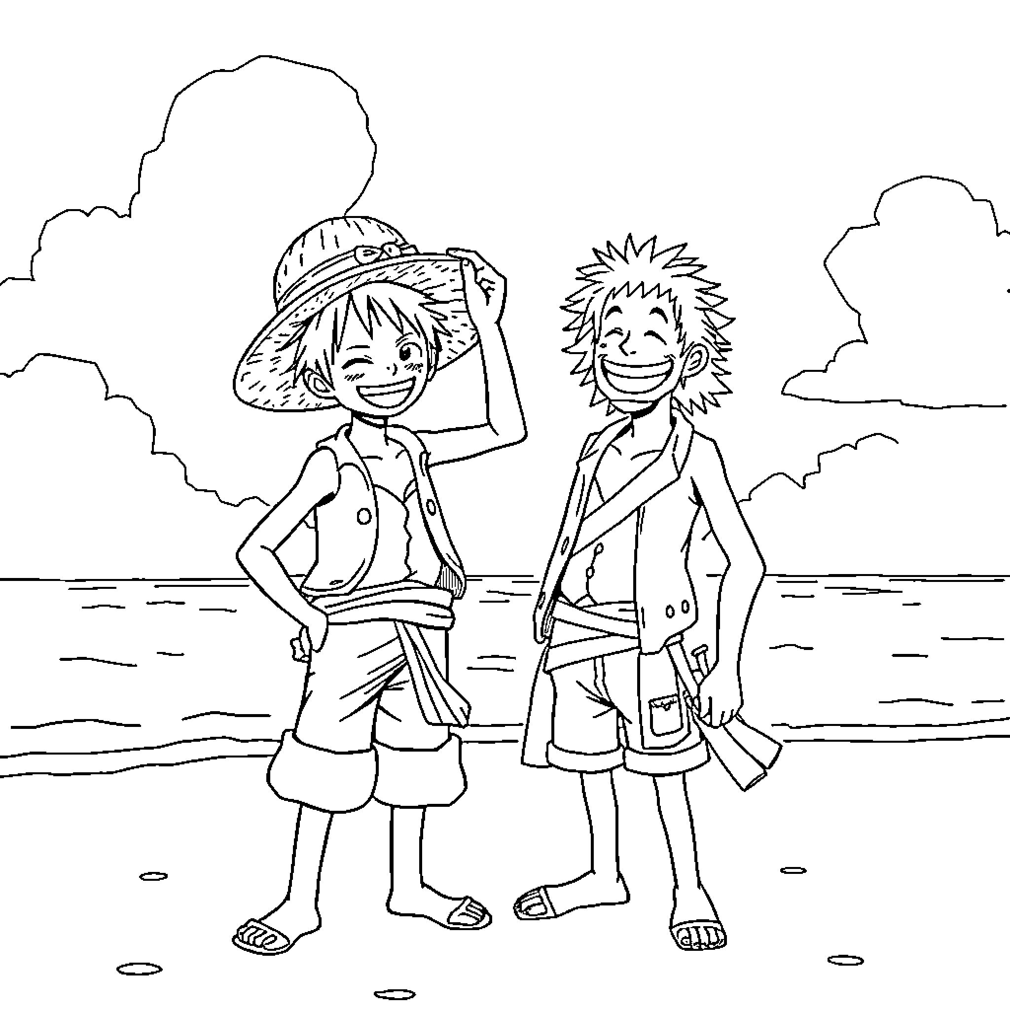 Luffy and Zoro explore the beach together Coloring Page (free black-and-white line drawing printable PDF for all, from beginners to advanced learners, including children, teens, adults, and seniors)