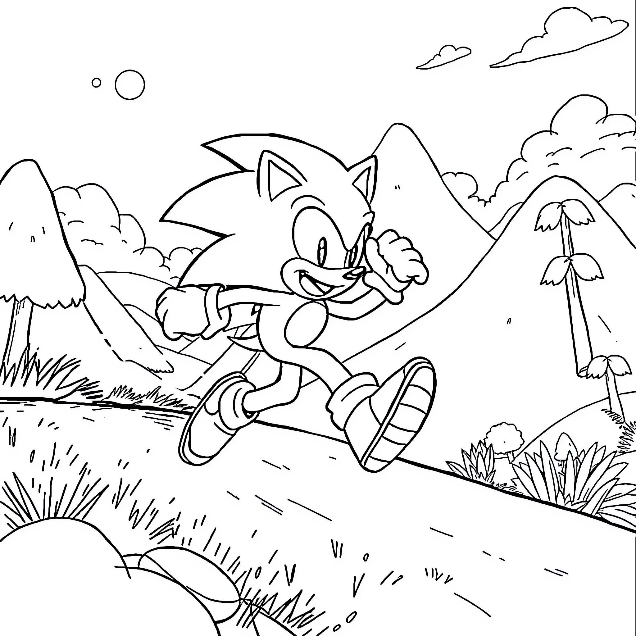 Sonic's Adventure in the Lush Landscape Coloring Page (free black-and-white line drawing printable PDF for all, from beginners to advanced learners, including children, teens, adults, and seniors)
