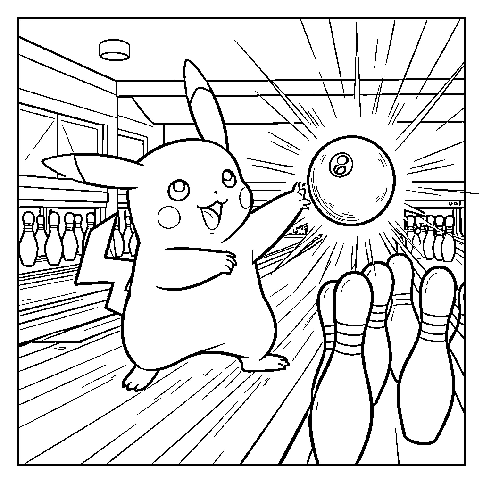 Pikachu enjoying a game of bowling Coloring Page (free black-and-white line drawing printable PDF for all, from beginners to advanced learners, including children, teens, adults, and seniors)