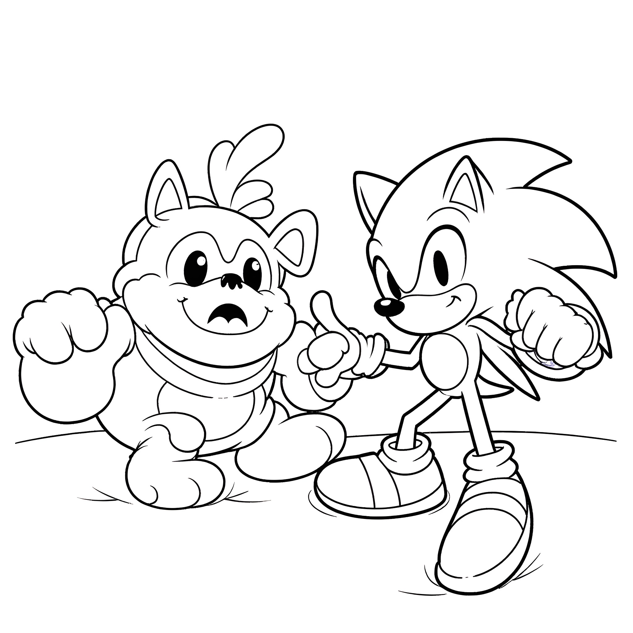 Sonic and Friends in Playful Pose Coloring Page (free black-and-white line drawing printable PDF for all, from beginners to advanced learners, including children, teens, adults, and seniors)