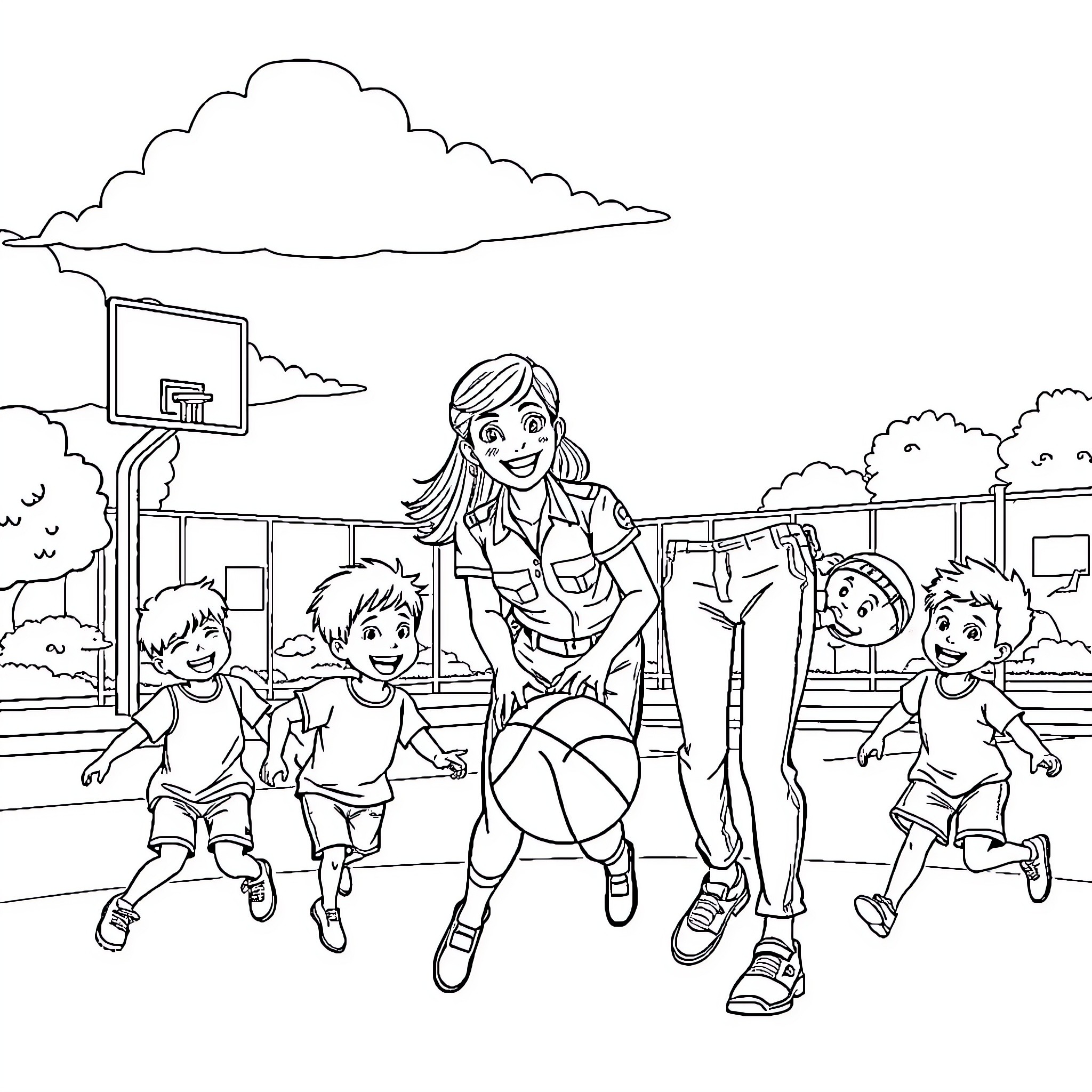 Police Officer Supervising Children Playing Basketball Coloring Page (free black-and-white line drawing printable PDF for all, from beginners to advanced learners, including children, teens, adults, and seniors)