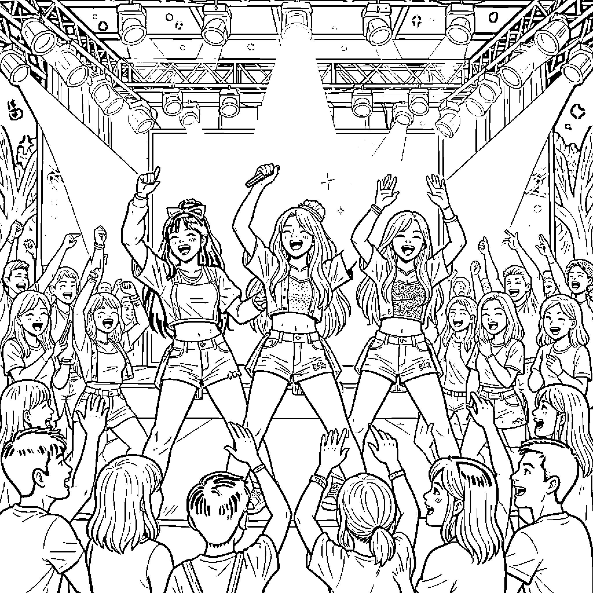 K Pop Warrior Performers Entertain Enthusiastic Audience Coloring Page (free black-and-white line drawing printable PDF for all, from beginners to advanced learners, including children, teens, adults, and seniors)