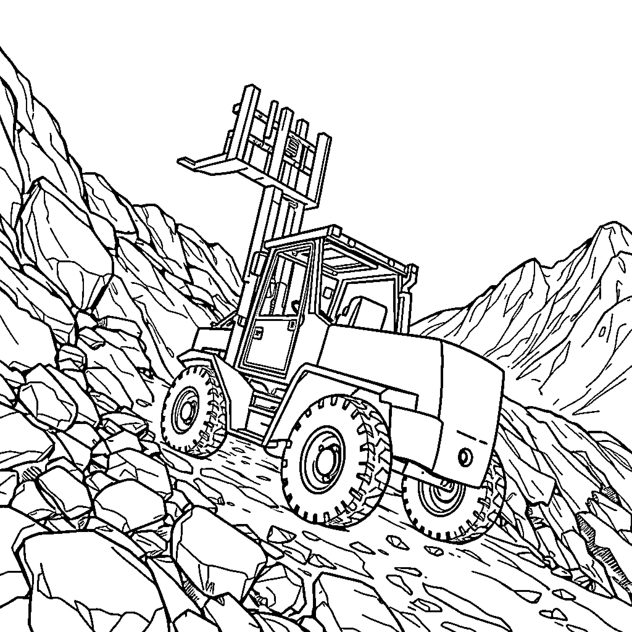 Forklift traversing rocky terrain Coloring Page (free black-and-white line drawing printable PDF for all, from beginners to advanced learners, including children, teens, adults, and seniors)