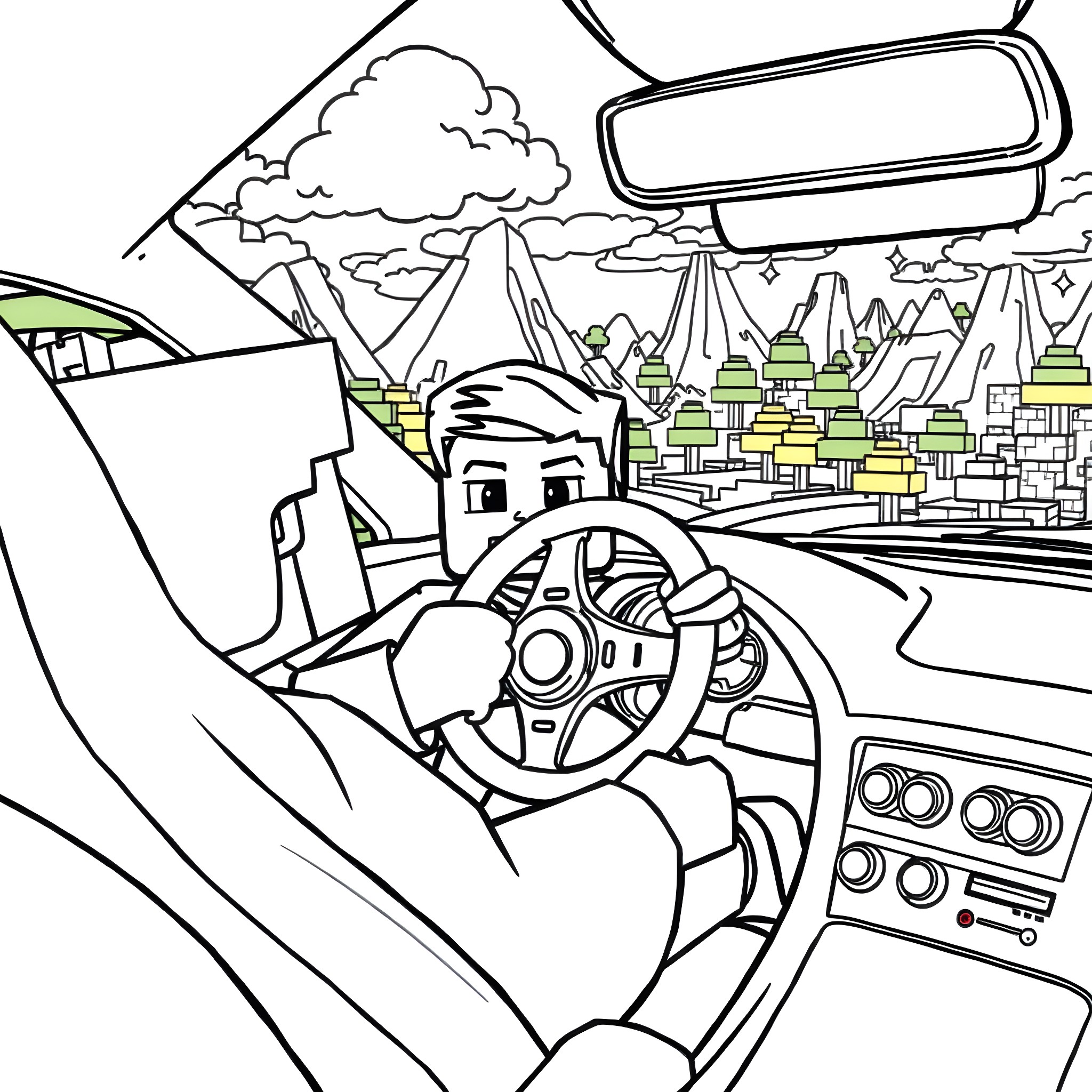 Steve's Driving Adventure Through the City Coloring Page (free black-and-white line drawing printable PDF for all, from beginners to advanced learners, including children, teens, adults, and seniors)