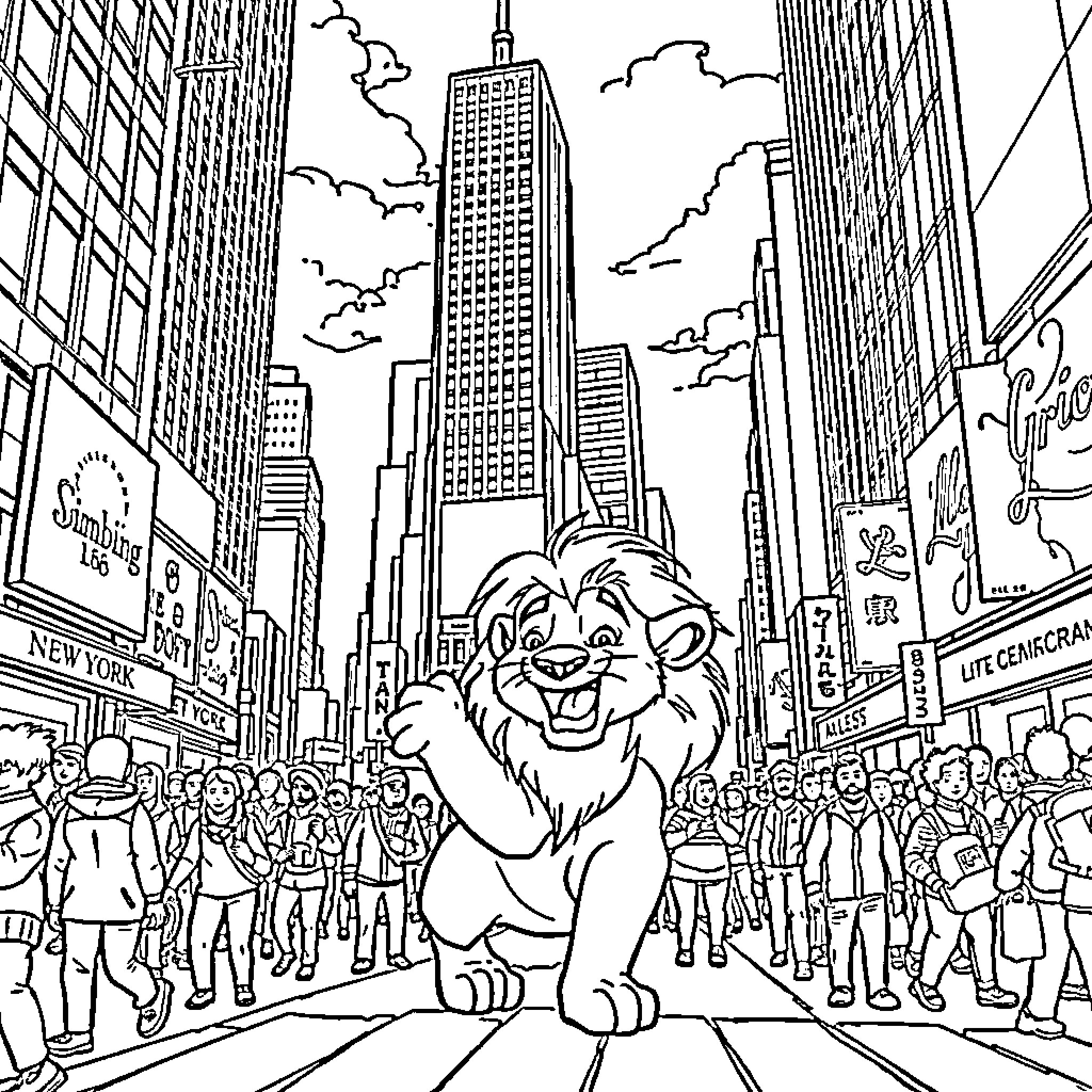 Lion in the City Streets with Crowd Coloring Page (free black-and-white line drawing printable PDF for all, from beginners to advanced learners, including children, teens, adults, and seniors)