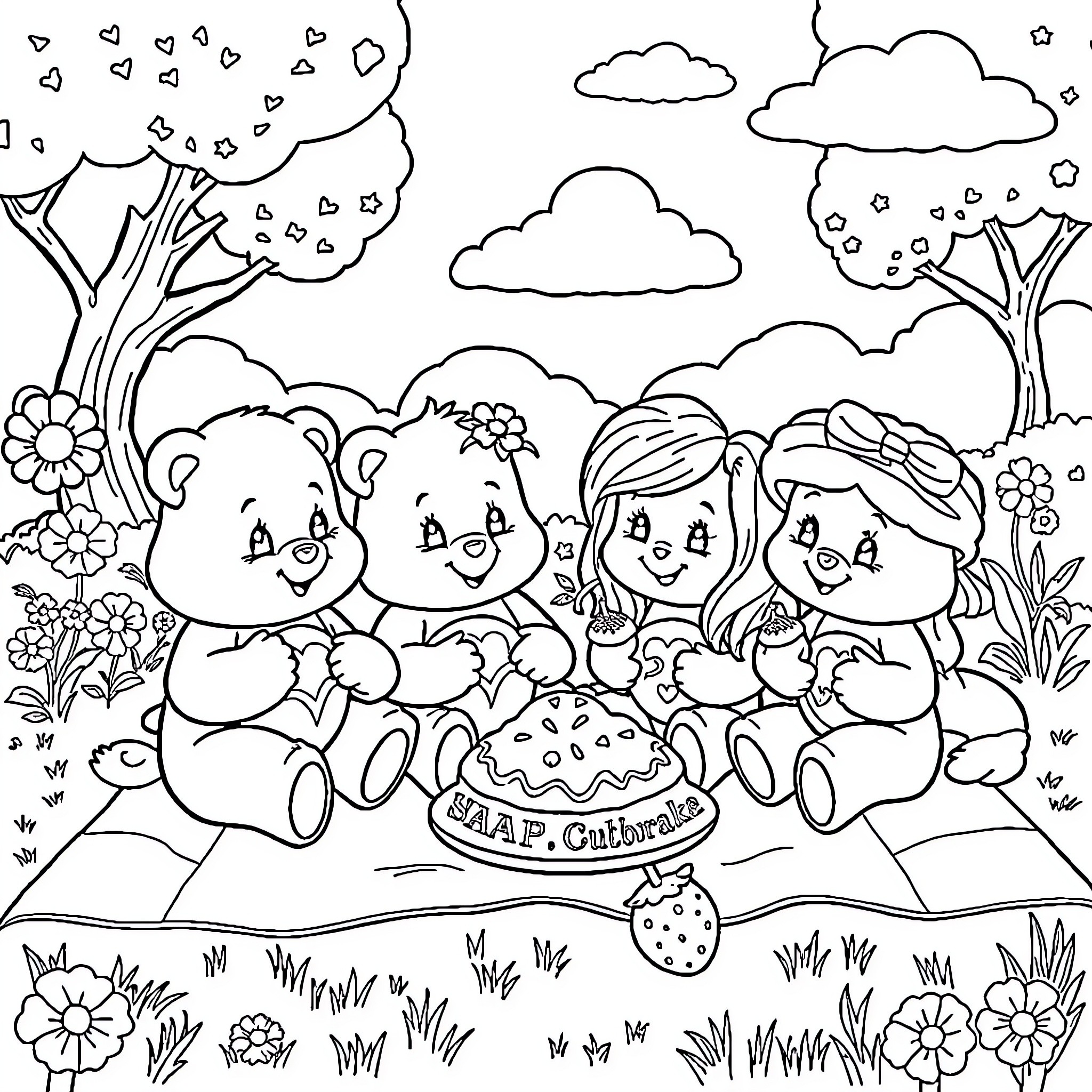 Care Bear friends having a picnic in nature Coloring Page (free black-and-white line drawing printable PDF for all, from beginners to advanced learners, including children, teens, adults, and seniors)