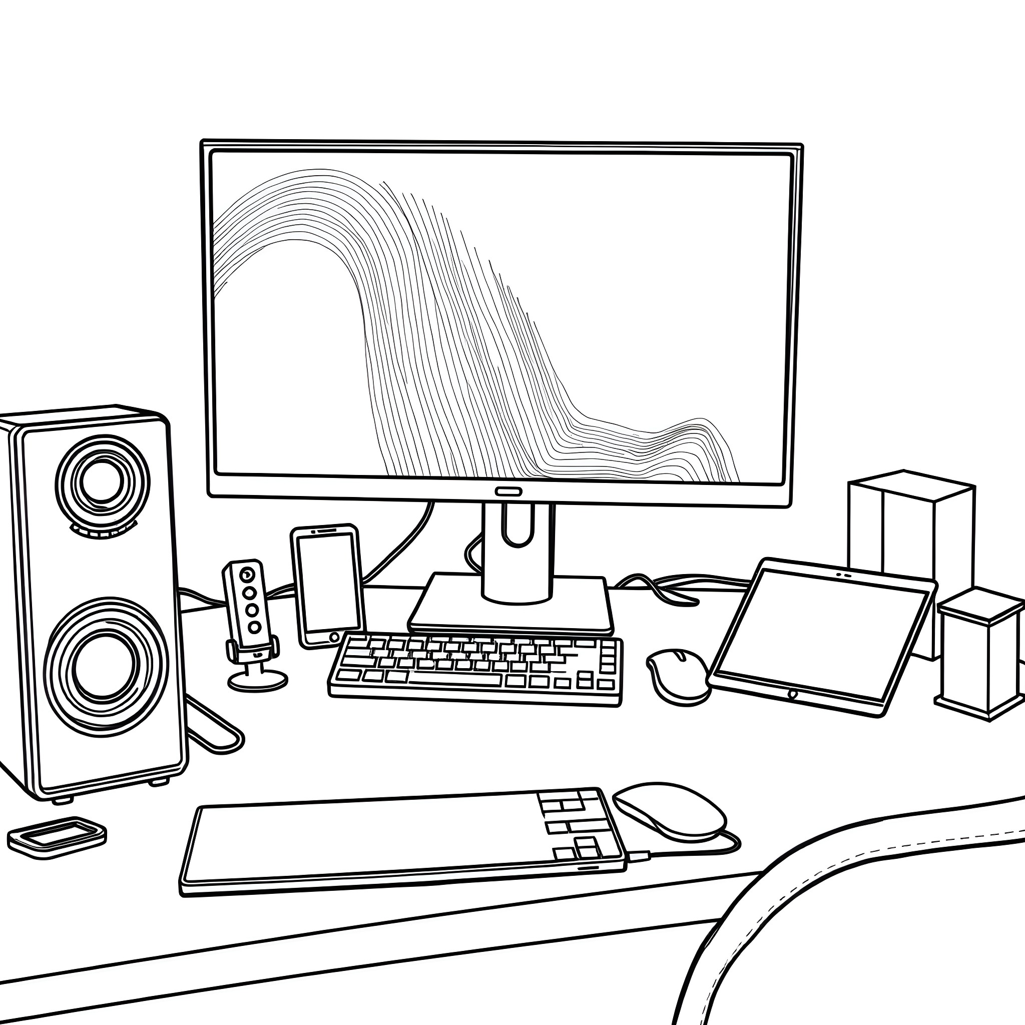 Computer Workstation with Devices and Equipment Coloring Page (free black-and-white line drawing printable PDF for all, from beginners to advanced learners, including children, teens, adults, and seniors)