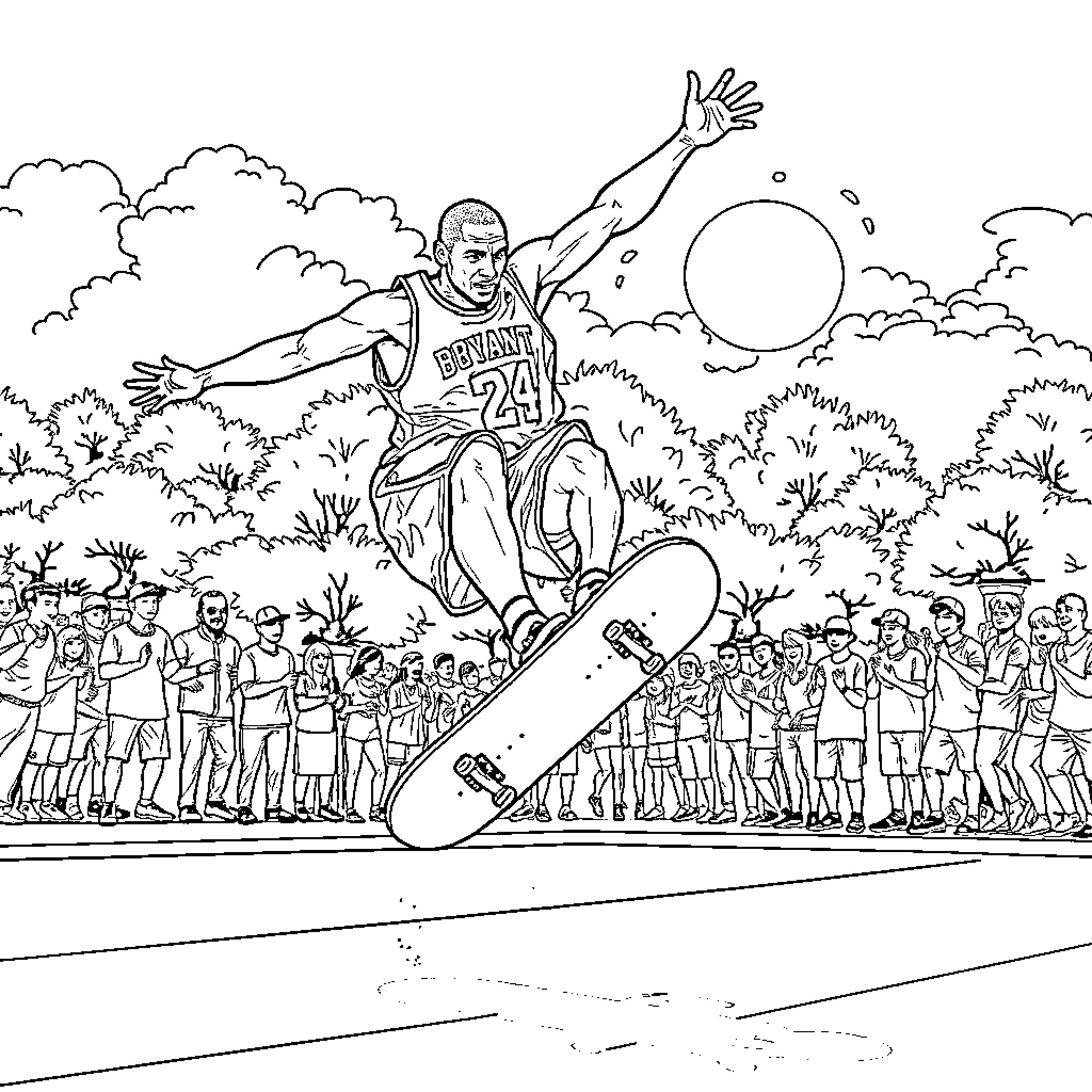 Kobe Bryant performing an athletic stunt in front of a crowd Coloring Page (free black-and-white line drawing printable PDF for all, from beginners to advanced learners, including children, teens, adults, and seniors)