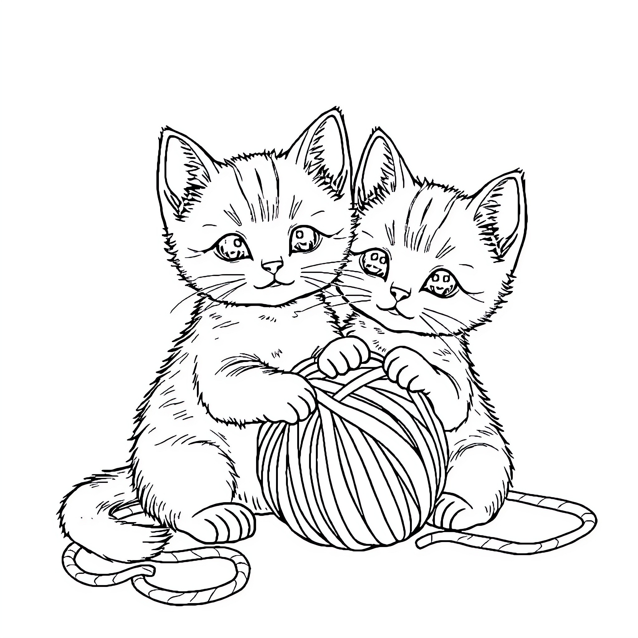 Kawaii Kittens Playing with Yarn Coloring Page (free black-and-white line drawing printable PDF for all, from beginners to advanced learners, including children, teens, adults, and seniors)