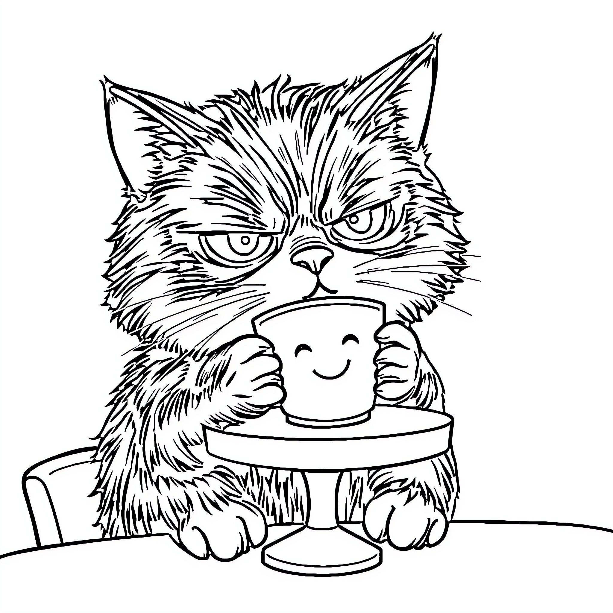 Cat enjoying a hot beverage Coloring Page (free black-and-white line drawing printable PDF for all, from beginners to advanced learners, including children, teens, adults, and seniors)