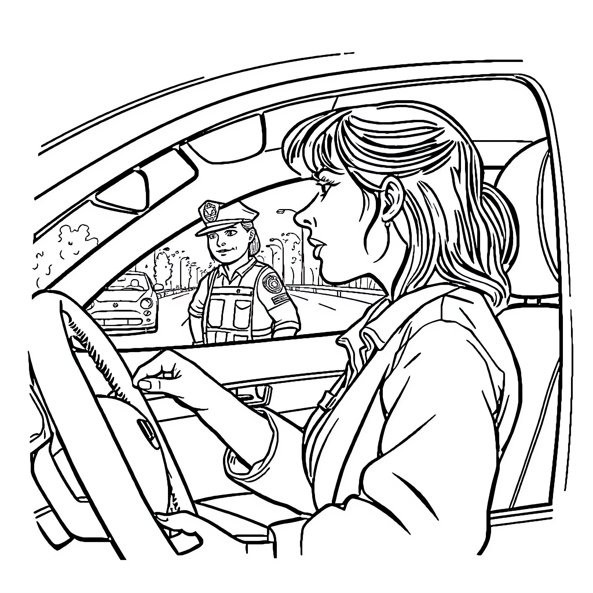 Femme Interacts with Police Officer in Vehicle Coloring Page (free black-and-white line drawing printable PDF for all, from beginners to advanced learners, including children, teens, adults, and seniors)